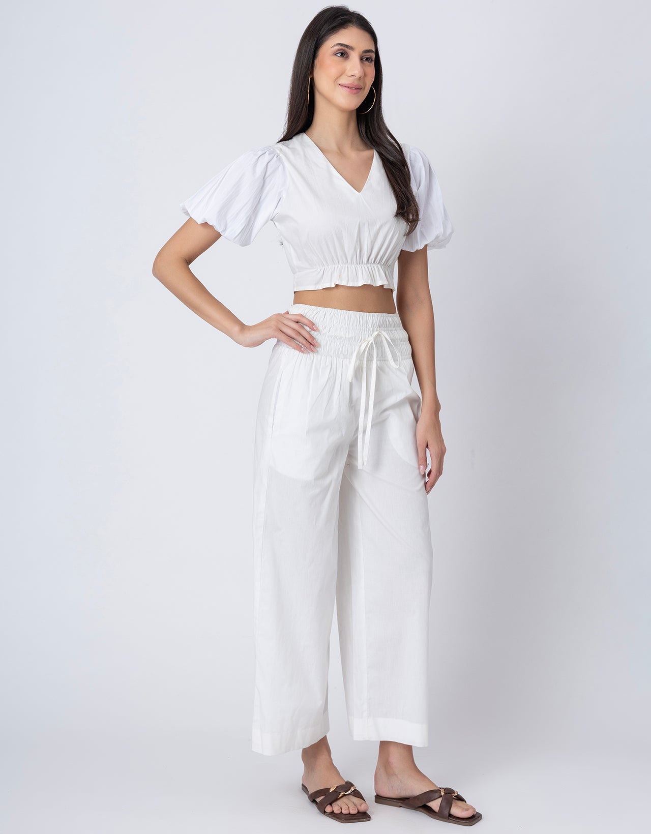 2 Pcs Cotton Co-ord Set, Crop Top With Flared Palazzo Pants For Women