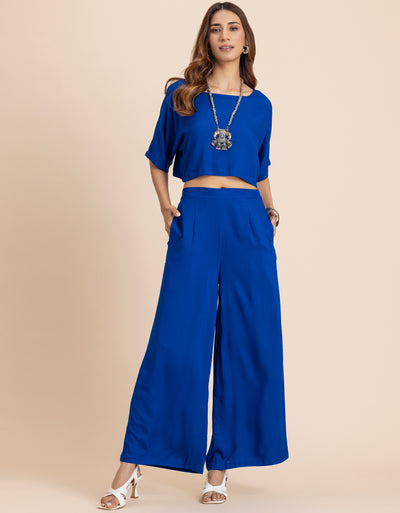 Round-Neck 2 Pcs Co-Ord Set Crop Top With Flared Palazzo Pants
