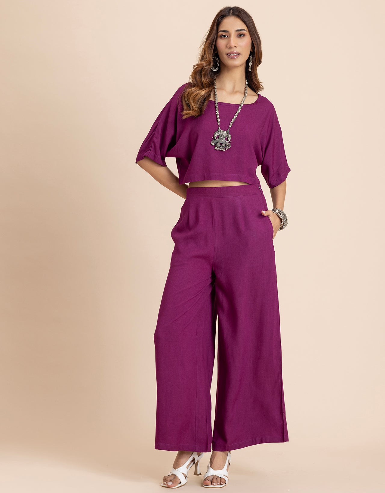 Round-Neck 2 Pcs Co-Ord Set Crop Top With Flared Palazzo Pants