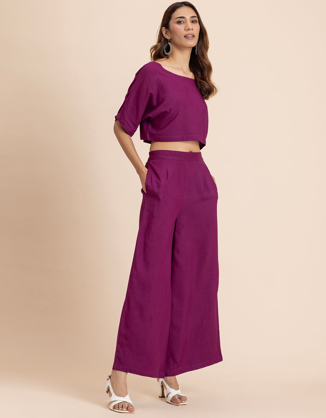 Round-Neck 2 Pcs Co-Ord Set Crop Top With Flared Palazzo Pants