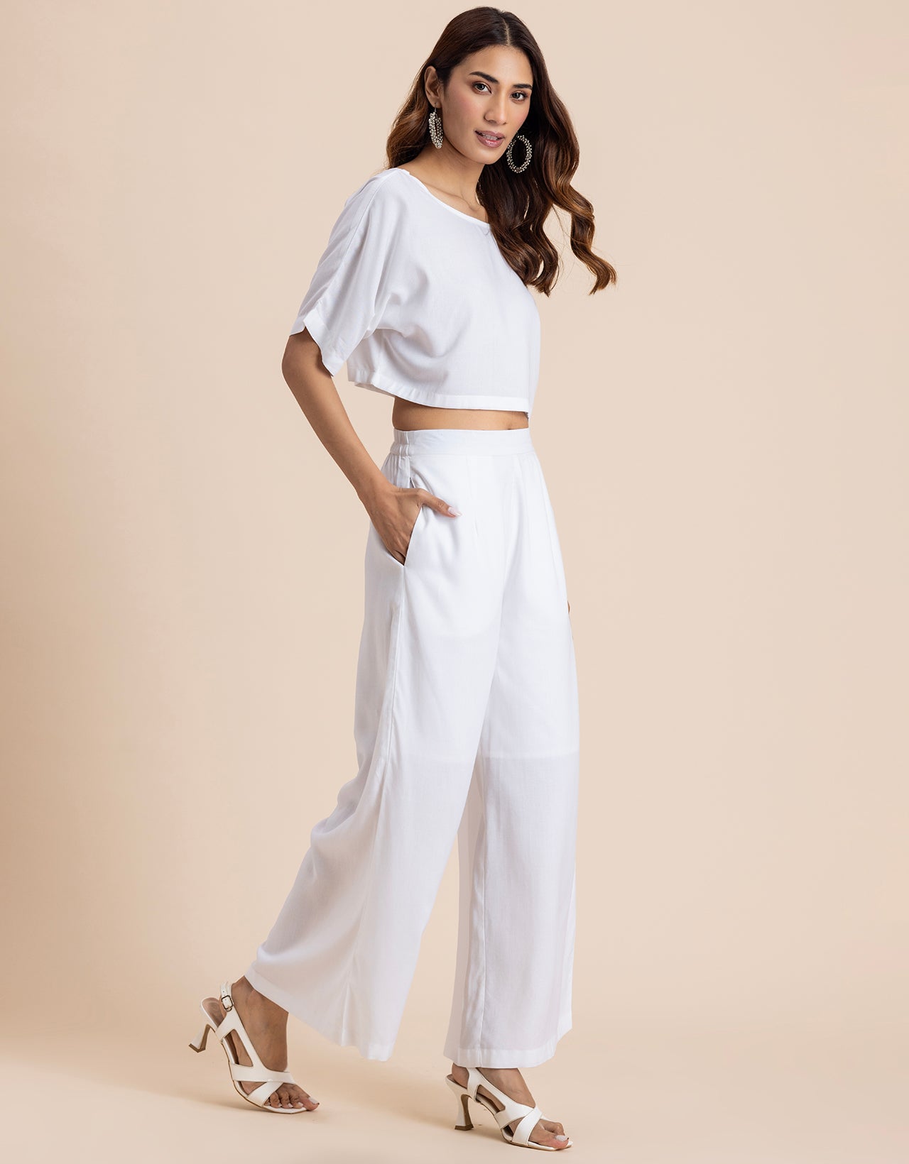 Round-Neck 2 Pcs Co-Ord Set Crop Top With Flared Palazzo Pants
