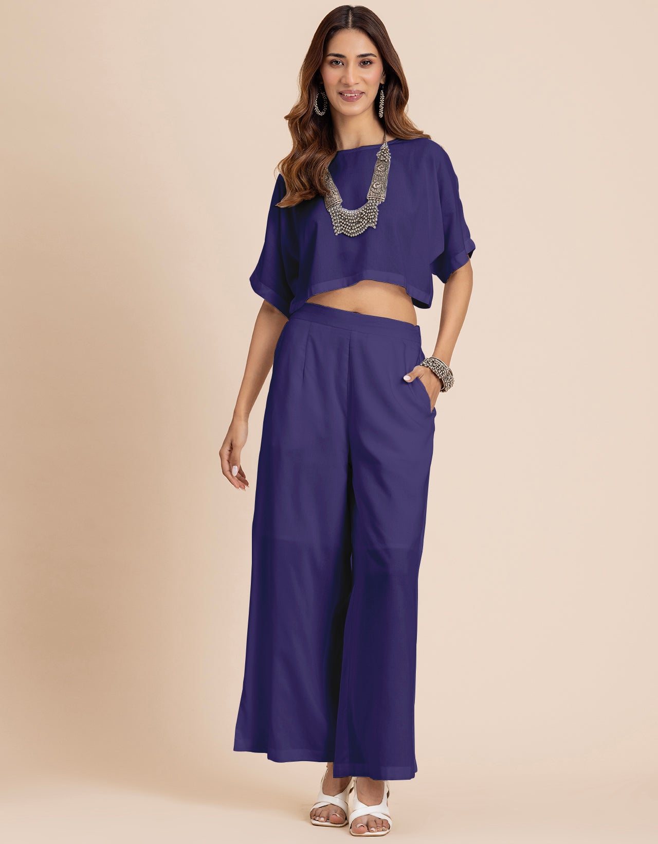 Round-Neck 2 Pcs Co-Ord Set Crop Top With Flared Palazzo Pants
