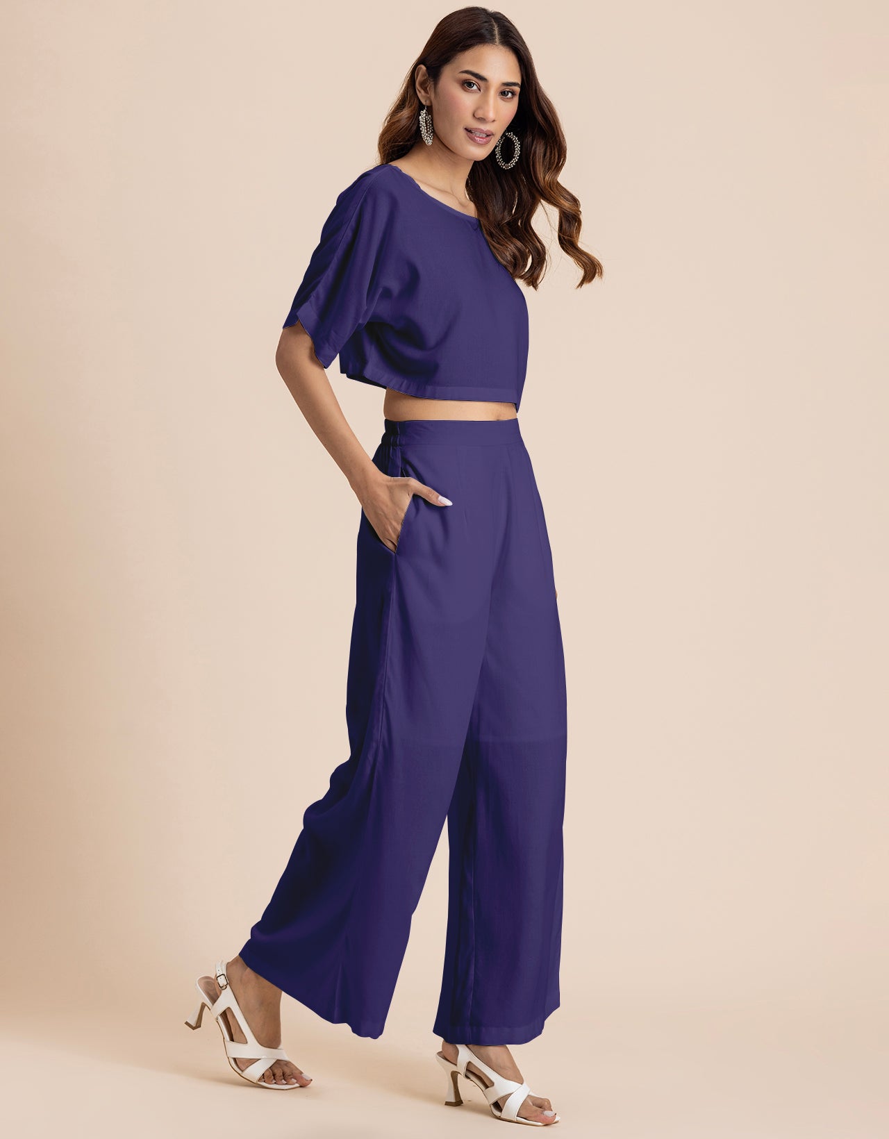 Round-Neck 2 Pcs Co-Ord Set Crop Top With Flared Palazzo Pants