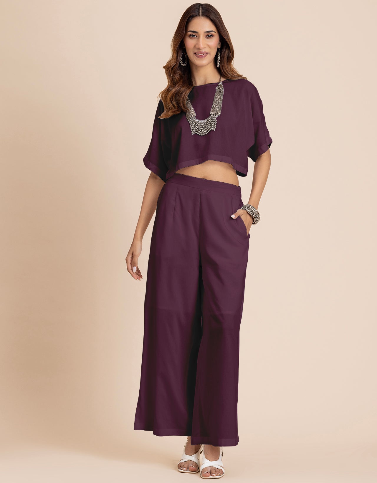 Round-Neck 2 Pcs Co-Ord Set Crop Top With Flared Palazzo Pants