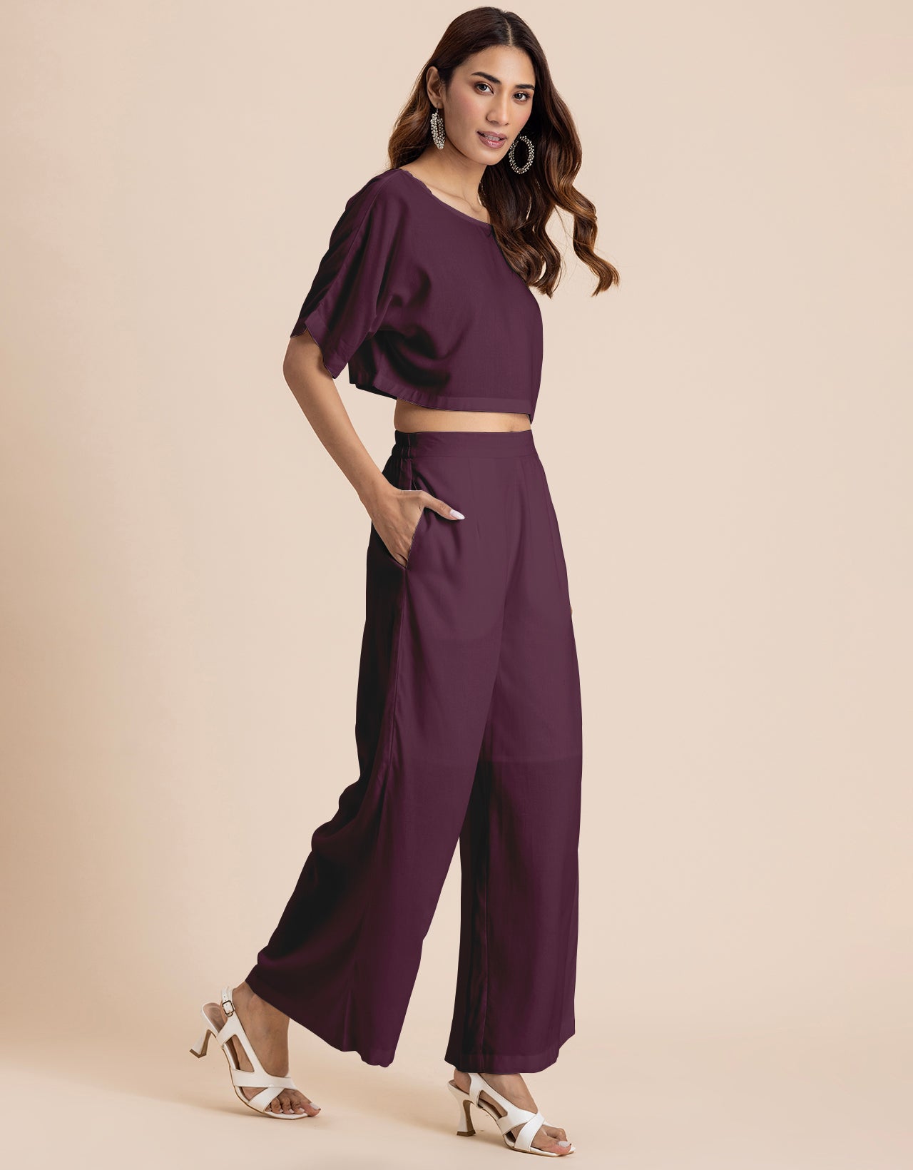 Round-Neck 2 Pcs Co-Ord Set Crop Top With Flared Palazzo Pants