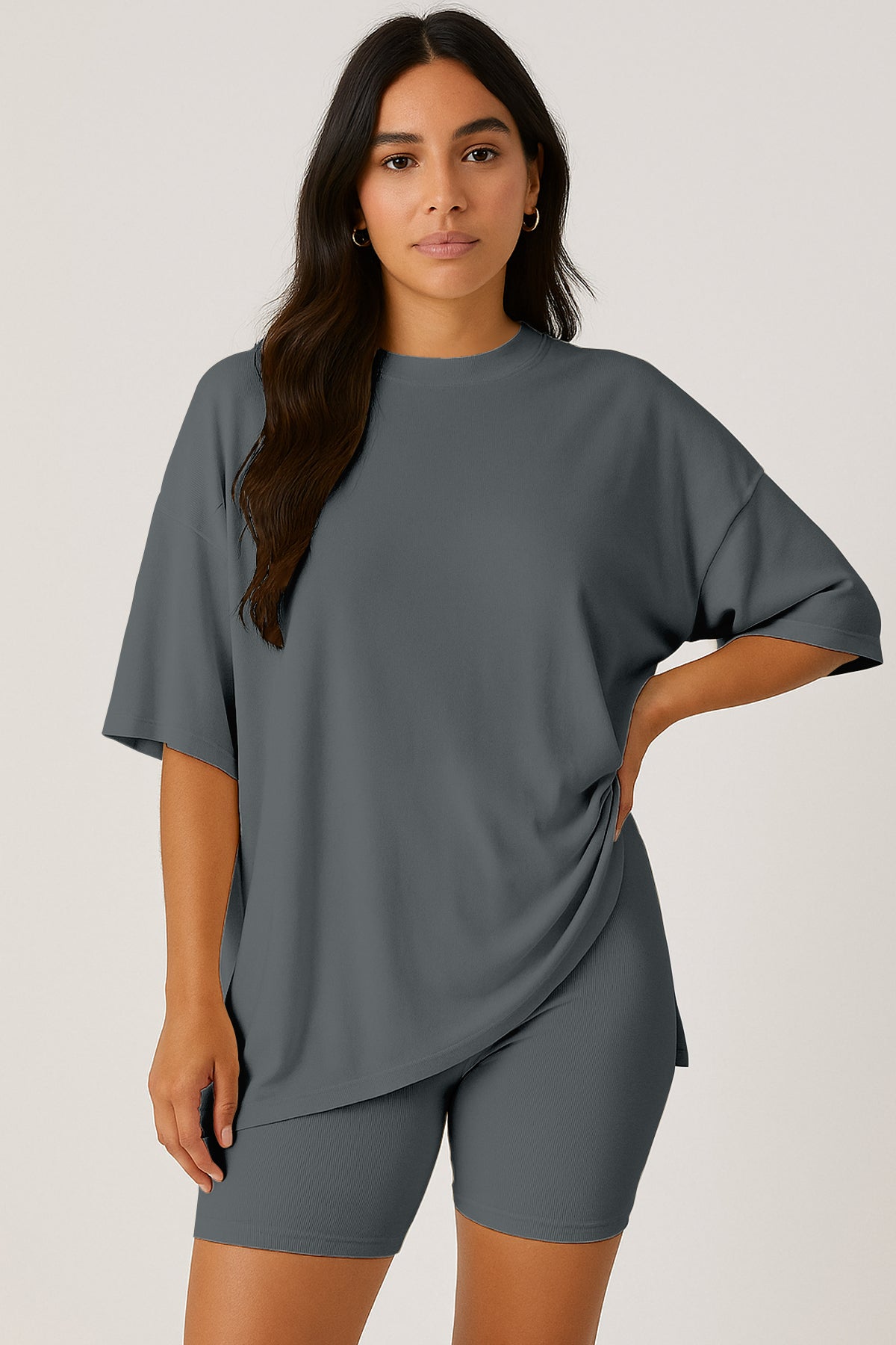 Moomaya Women's Oversized T-Shirt and Biker Shorts Lounge Set - 2 Piece