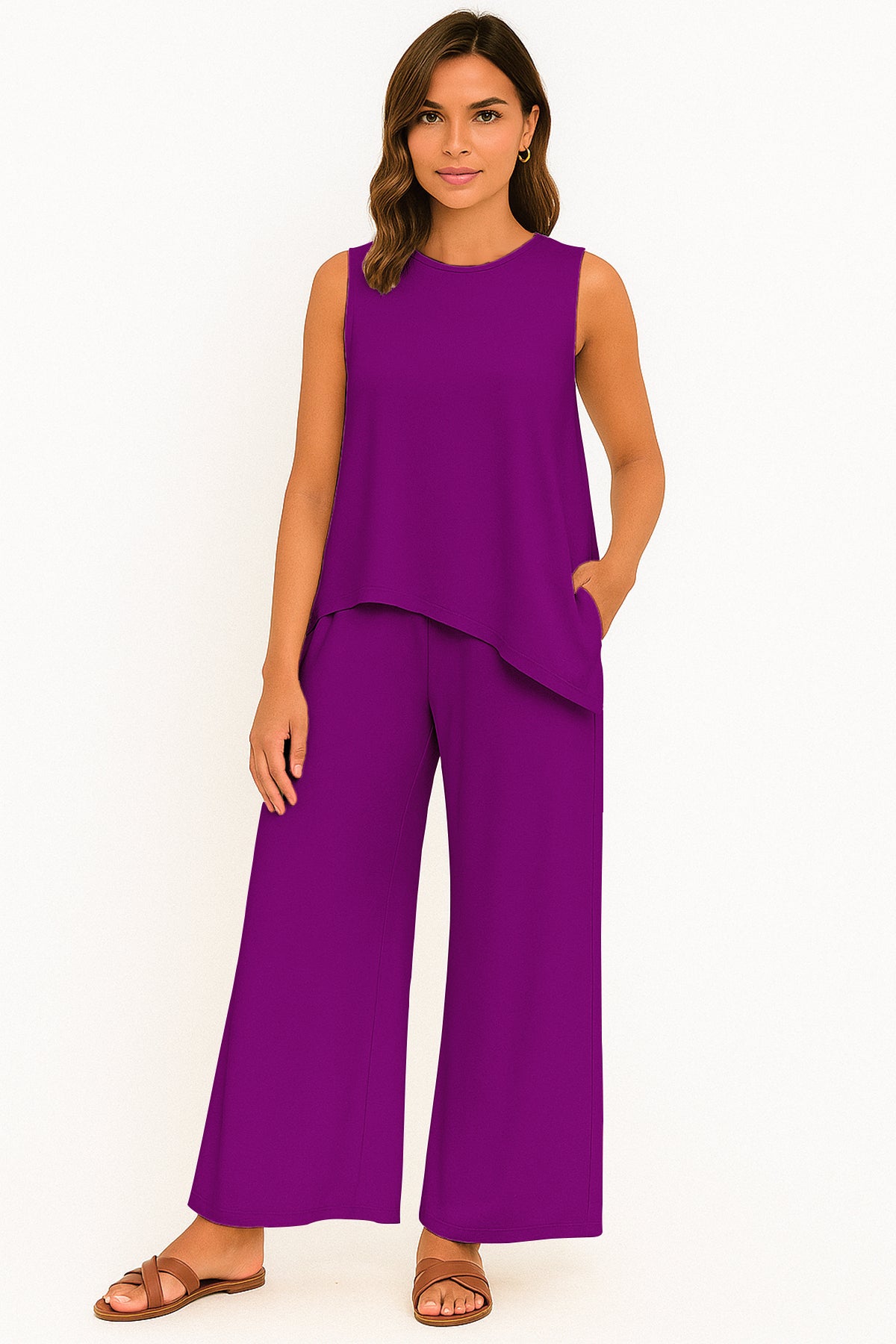 Women's 2 Pcs Tank Top and Wide Leg Summer Pants with Pockets