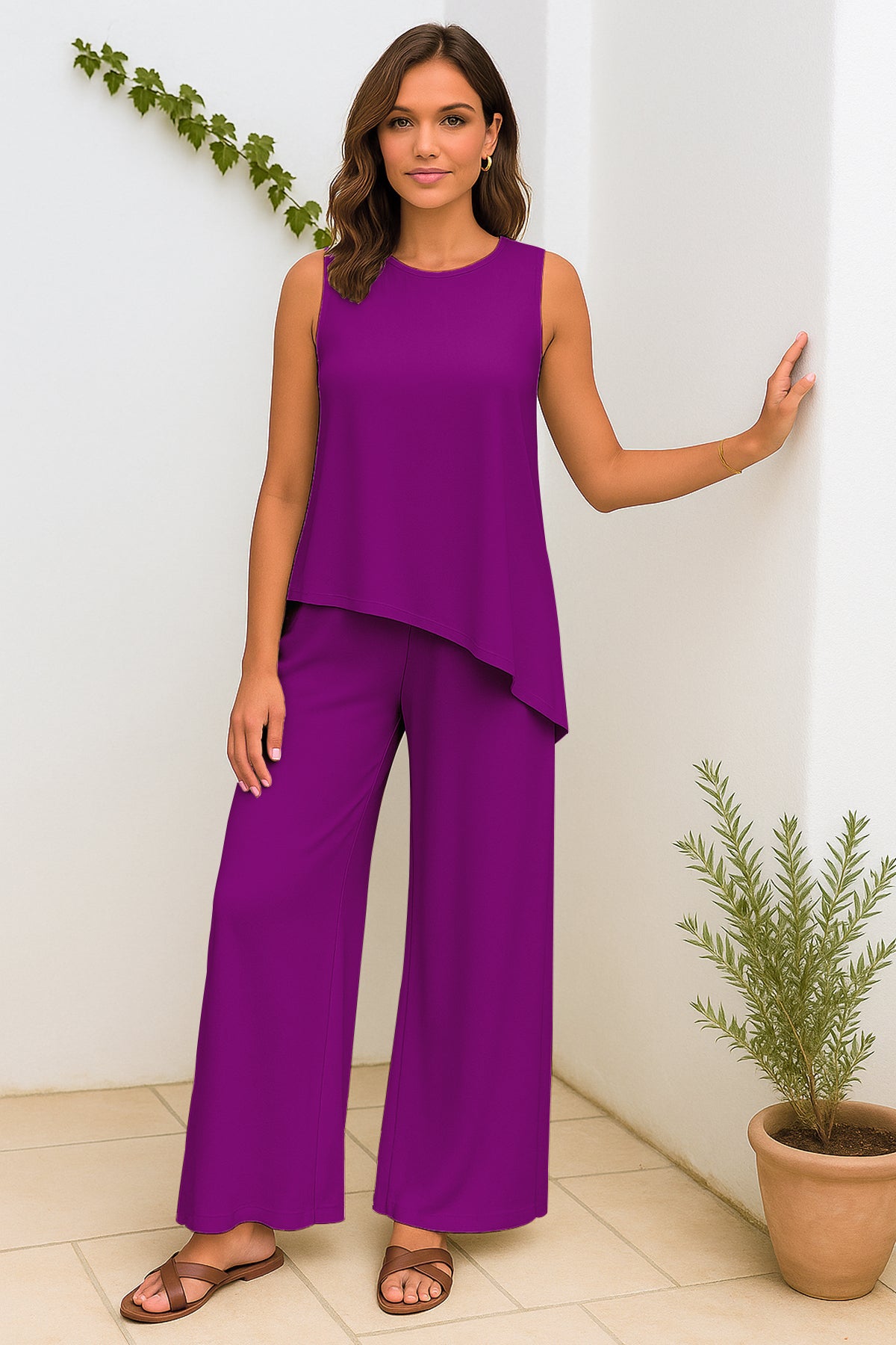 Women's 2 Pcs Tank Top and Wide Leg Summer Pants with Pockets