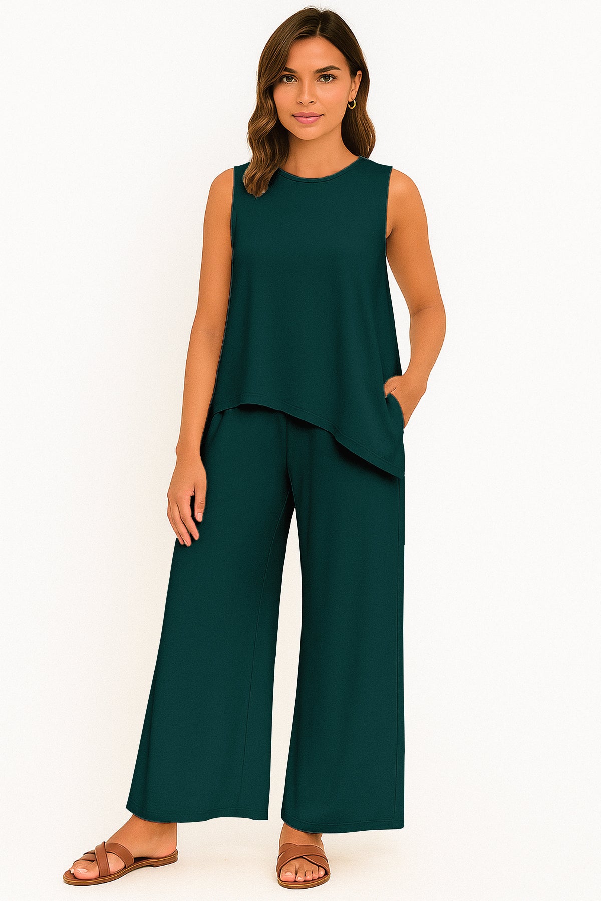 Women's 2 Pcs Tank Top and Wide Leg Summer Pants with Pockets