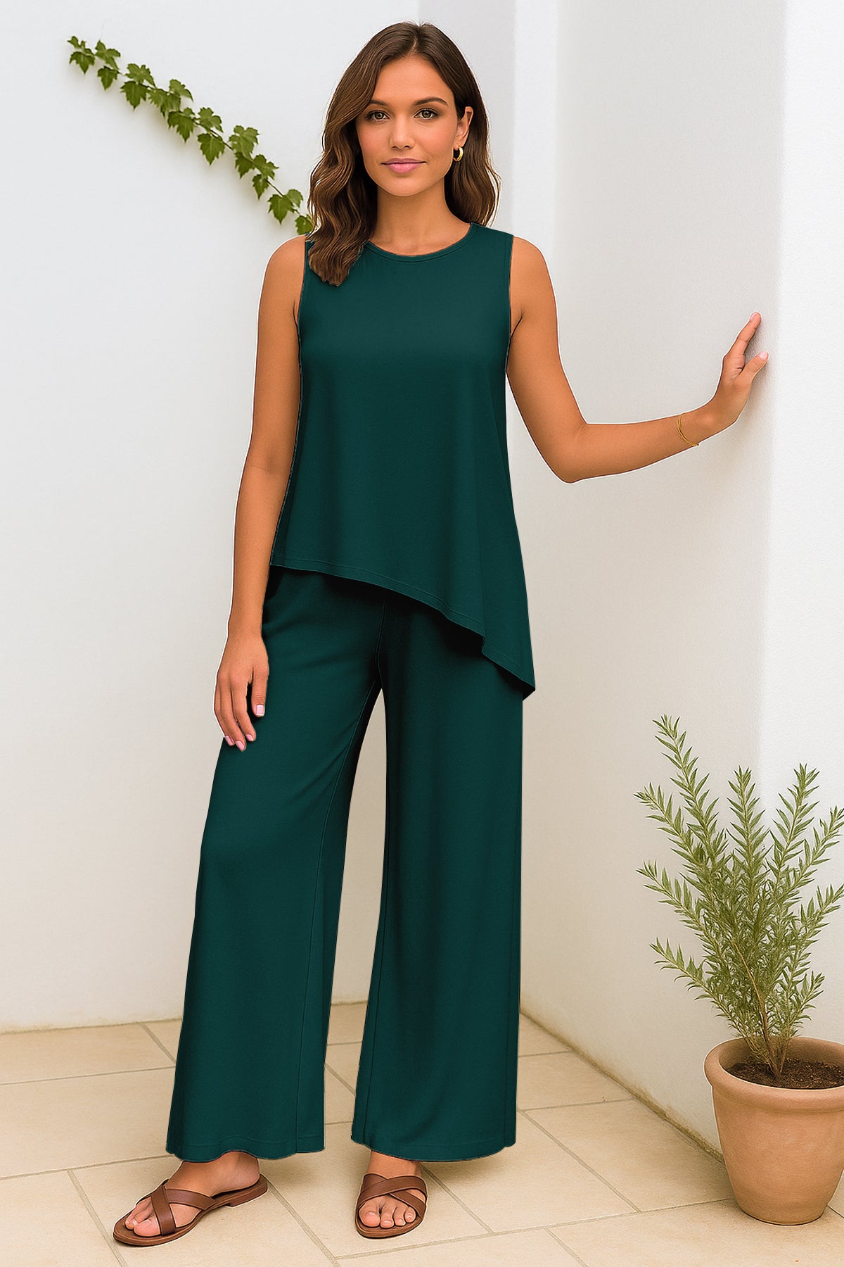 Women's 2 Pcs Tank Top and Wide Leg Summer Pants with Pockets