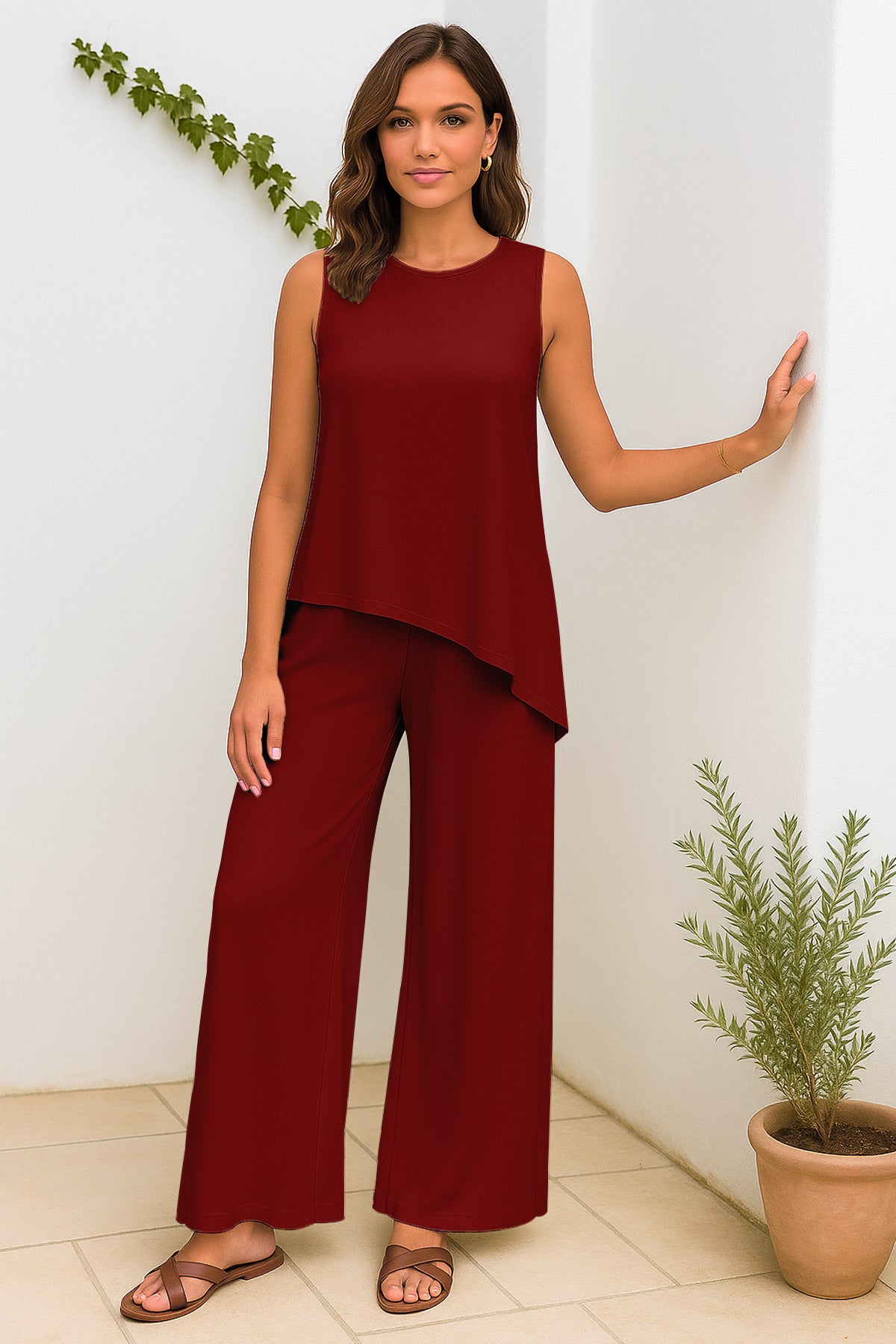 Women's 2 Pcs Tank Top and Wide Leg Summer Pants with Pockets