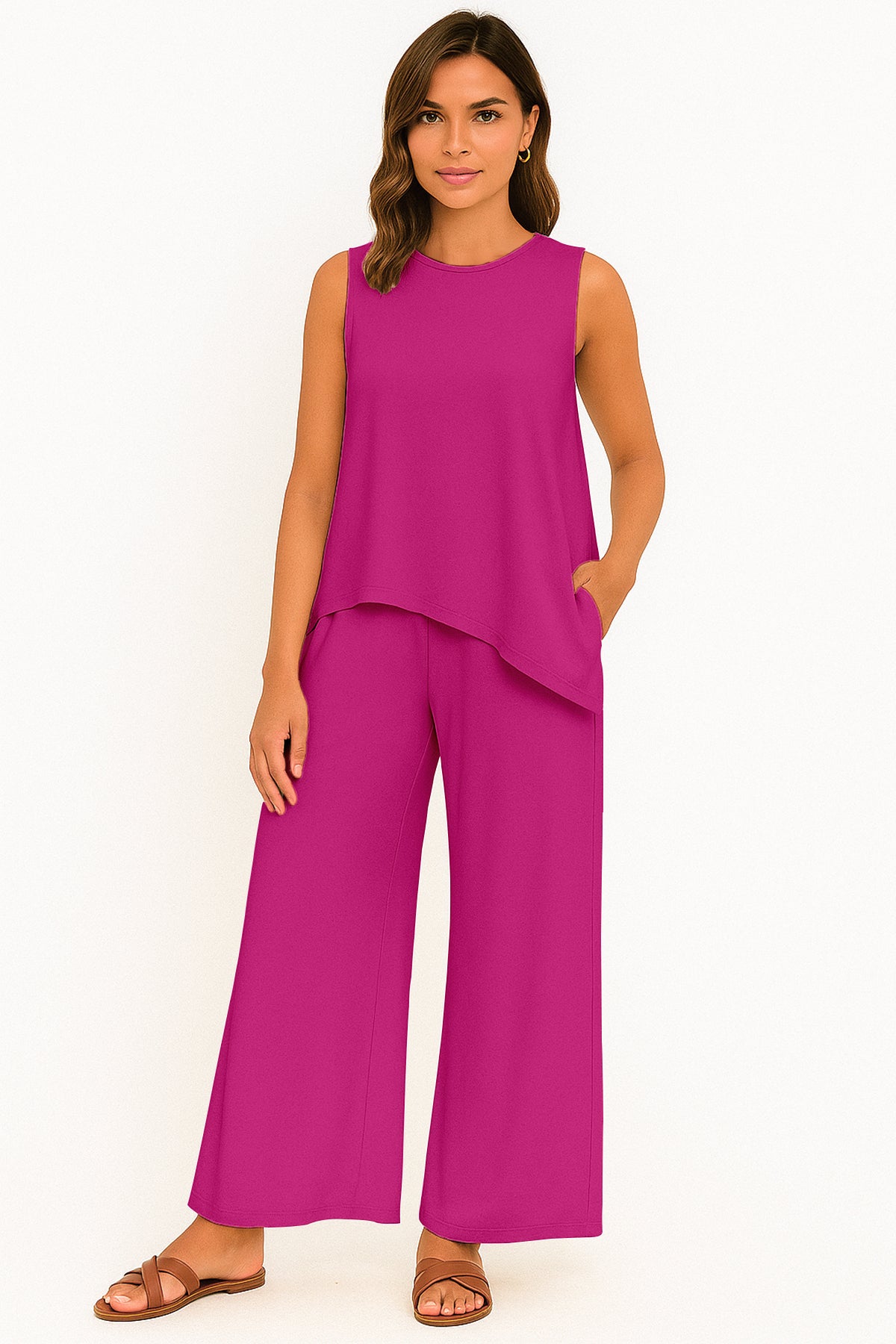 Women's 2 Pcs Tank Top and Wide Leg Summer Pants with Pockets