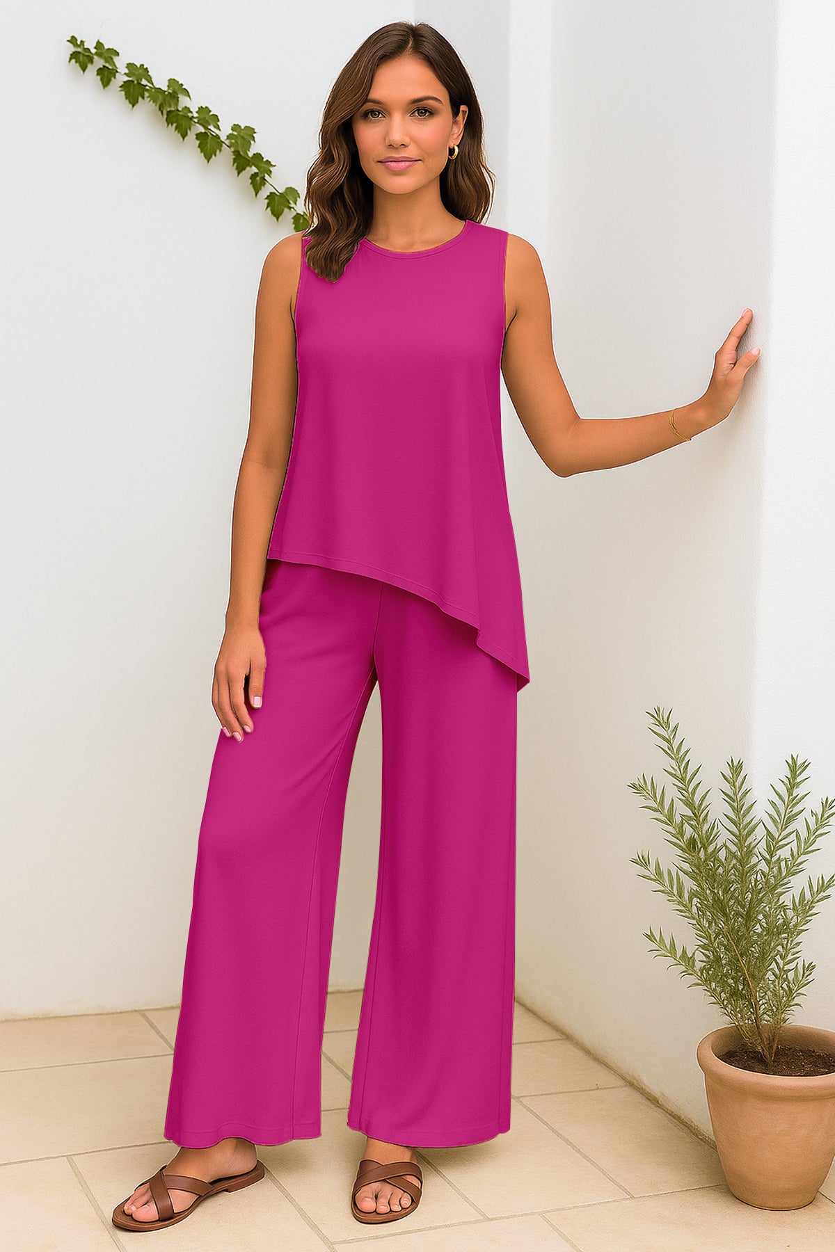 Women's 2 Pcs Tank Top and Wide Leg Summer Pants with Pockets