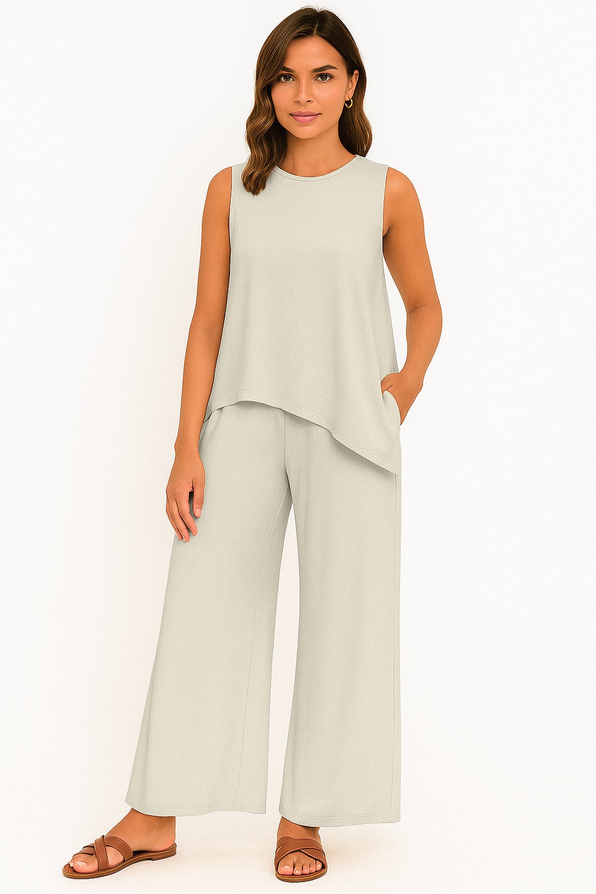 Women's 2 Pcs Tank Top and Wide Leg Summer Pants with Pockets