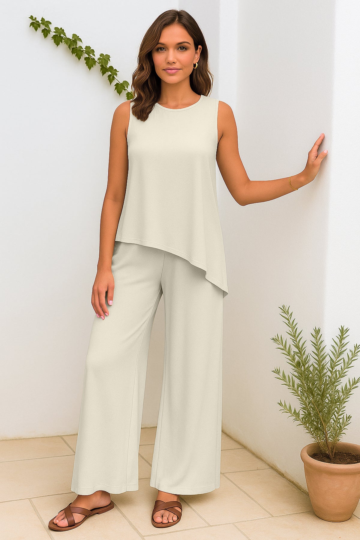 Women's 2 Pcs Tank Top and Wide Leg Summer Pants with Pockets