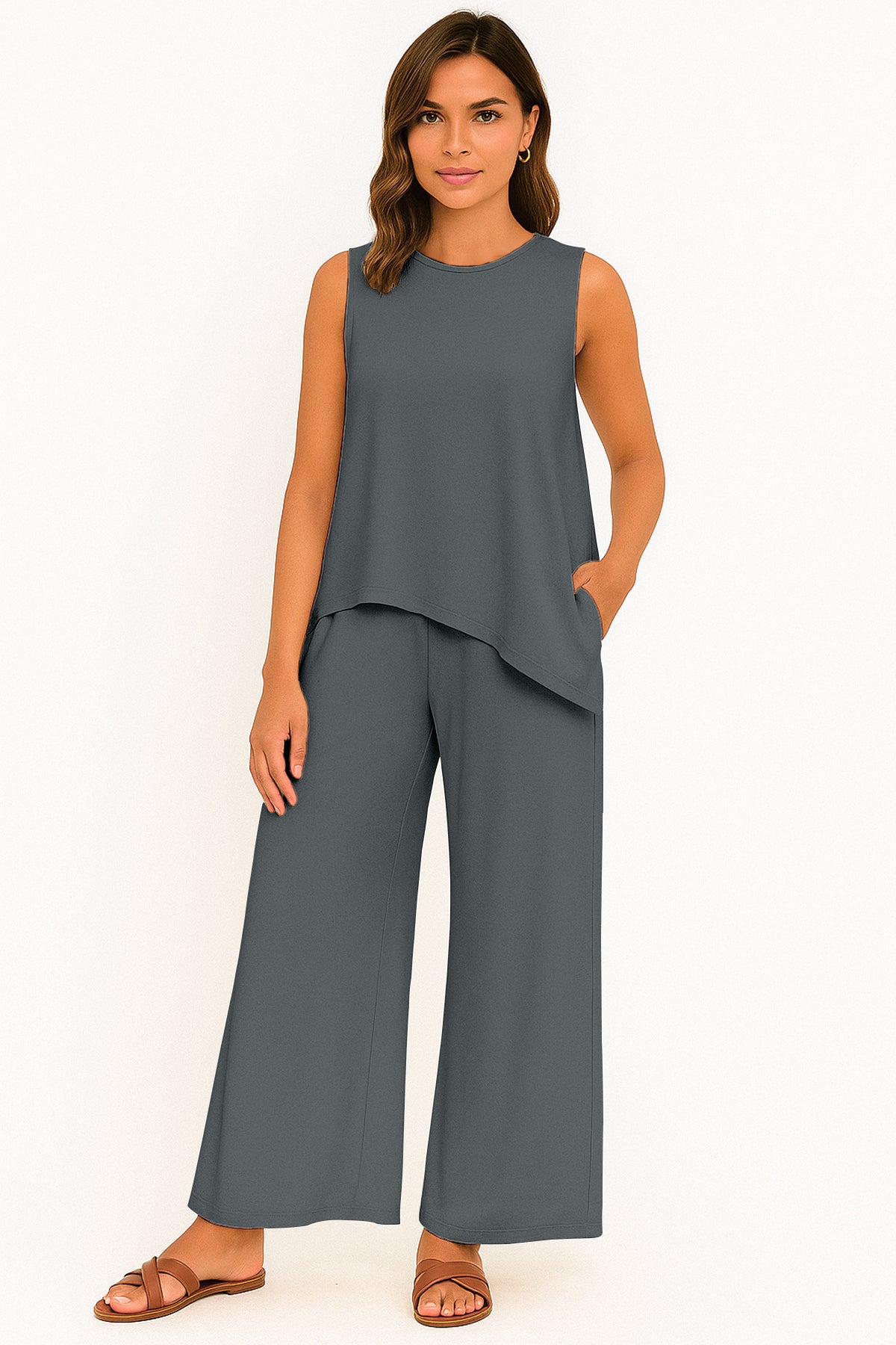 Women's 2 Pcs Tank Top and Wide Leg Summer Pants with Pockets