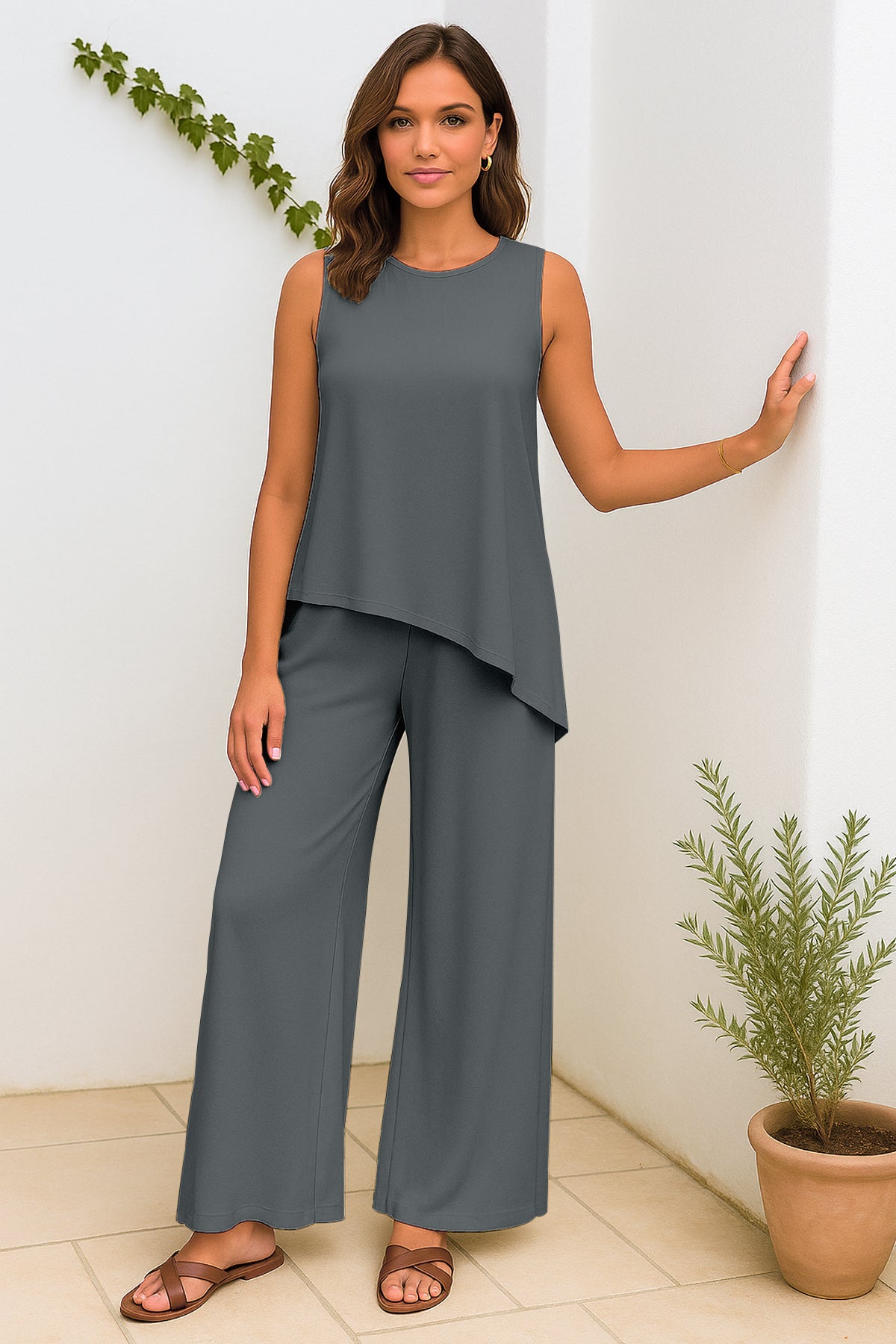 Women's 2 Pcs Tank Top and Wide Leg Summer Pants with Pockets