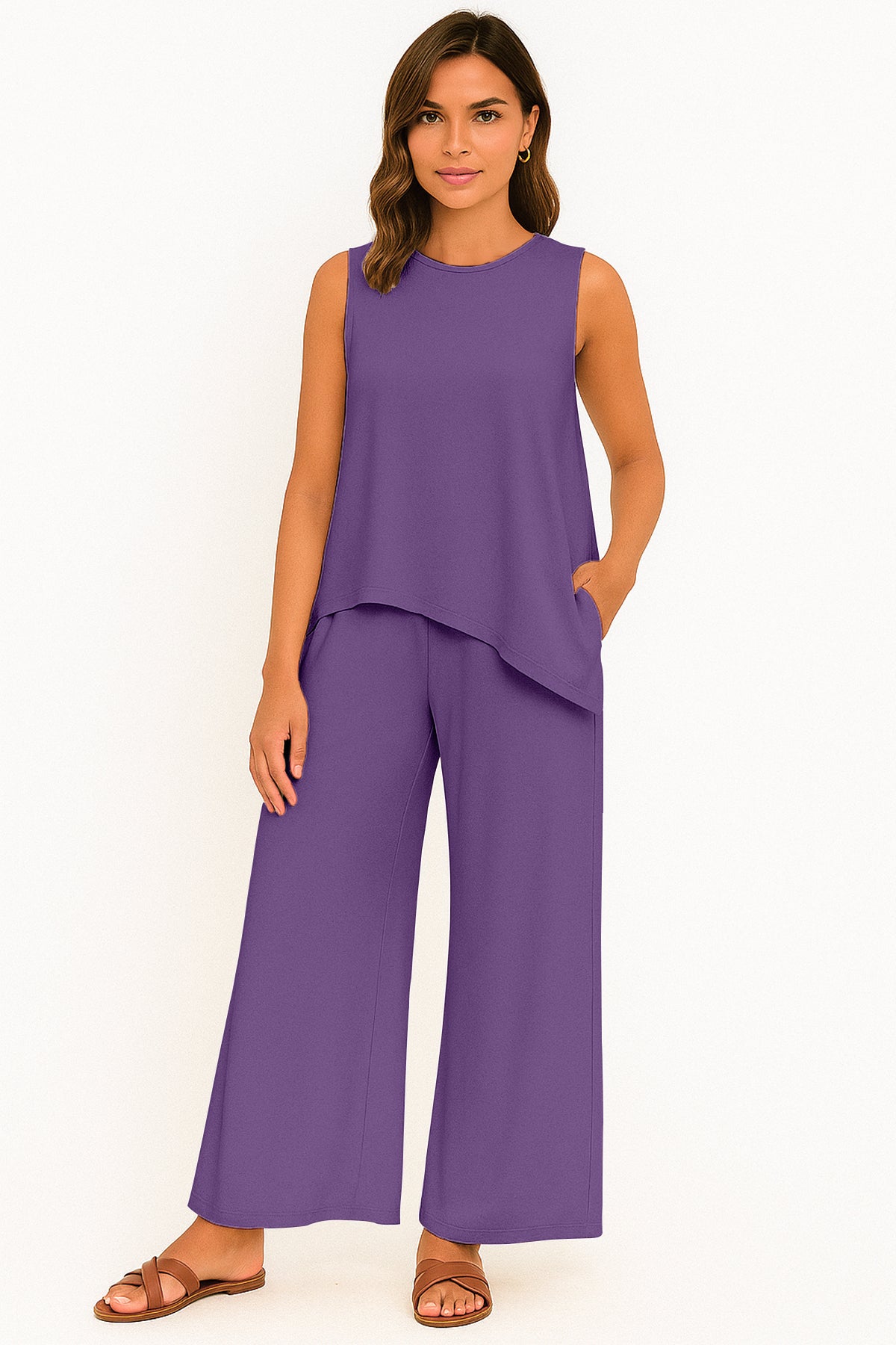 Women's 2 Pcs Tank Top and Wide Leg Summer Pants with Pockets