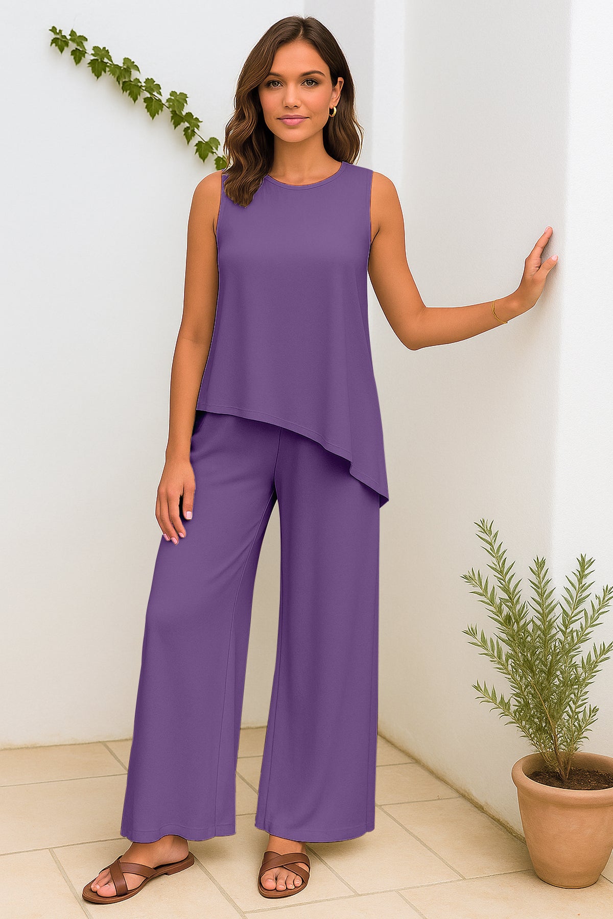 Women's 2 Pcs Tank Top and Wide Leg Summer Pants with Pockets