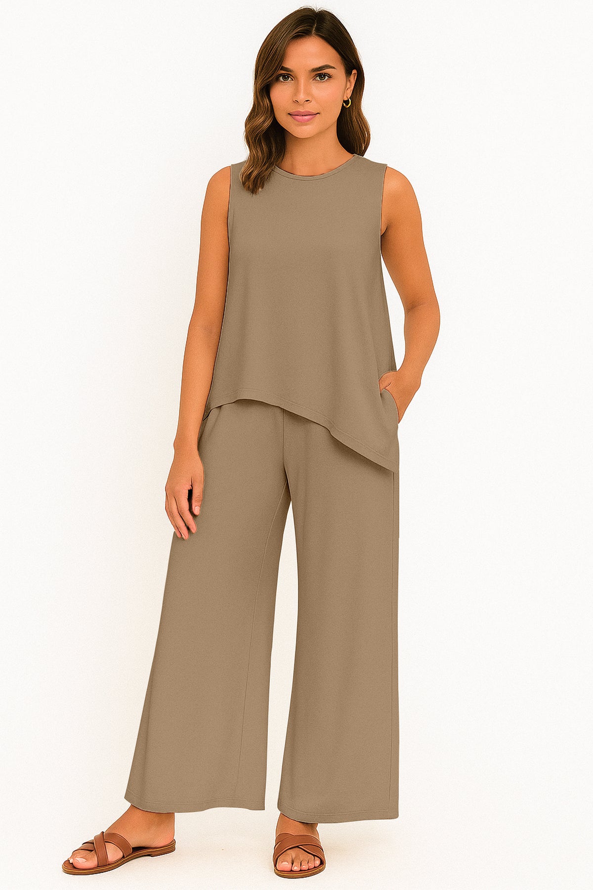 Women's 2 Pcs Tank Top and Wide Leg Summer Pants with Pockets