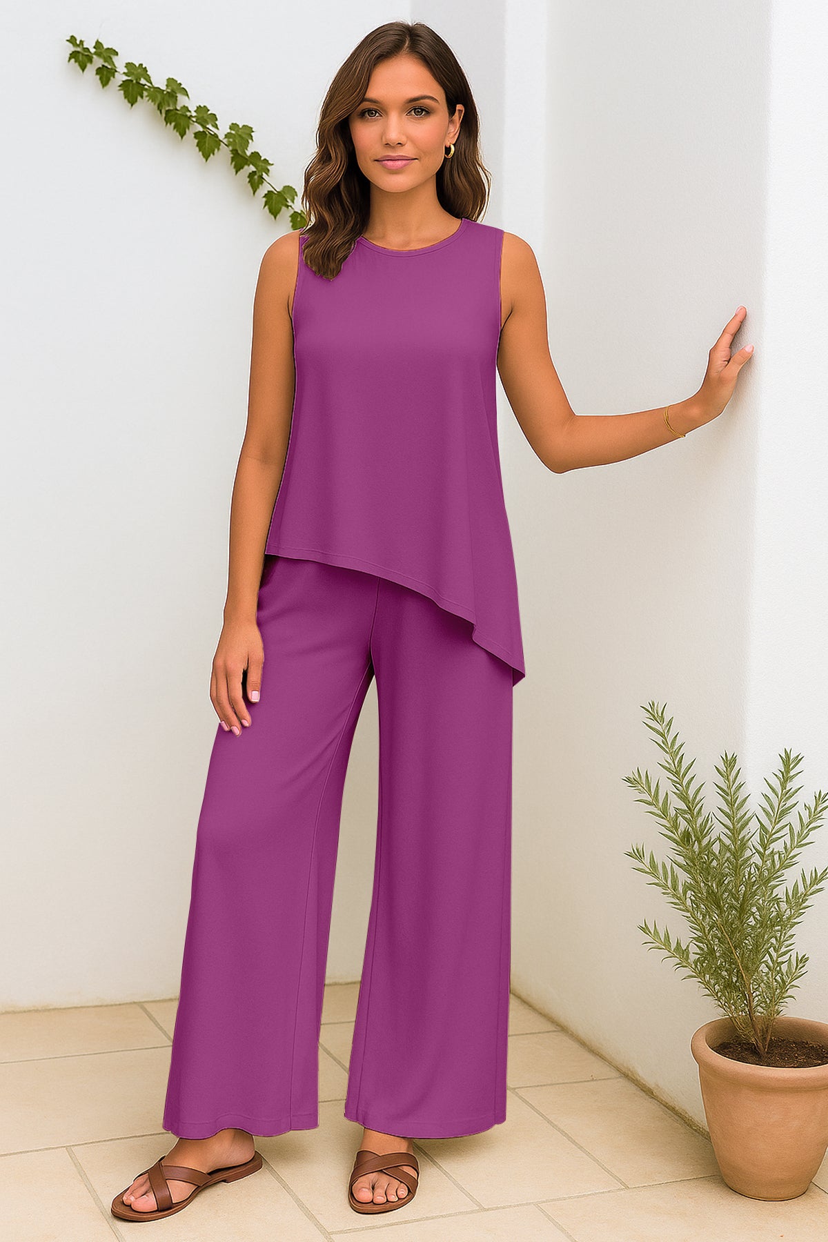 Women's 2 Pcs Tank Top and Wide Leg Summer Pants with Pockets