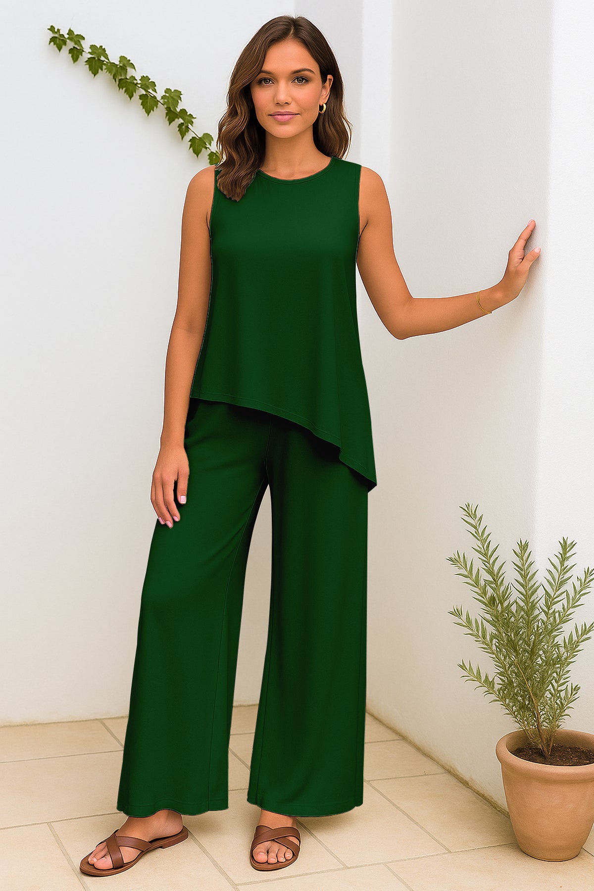 Women's 2 Pcs Tank Top and Wide Leg Summer Pants with Pockets