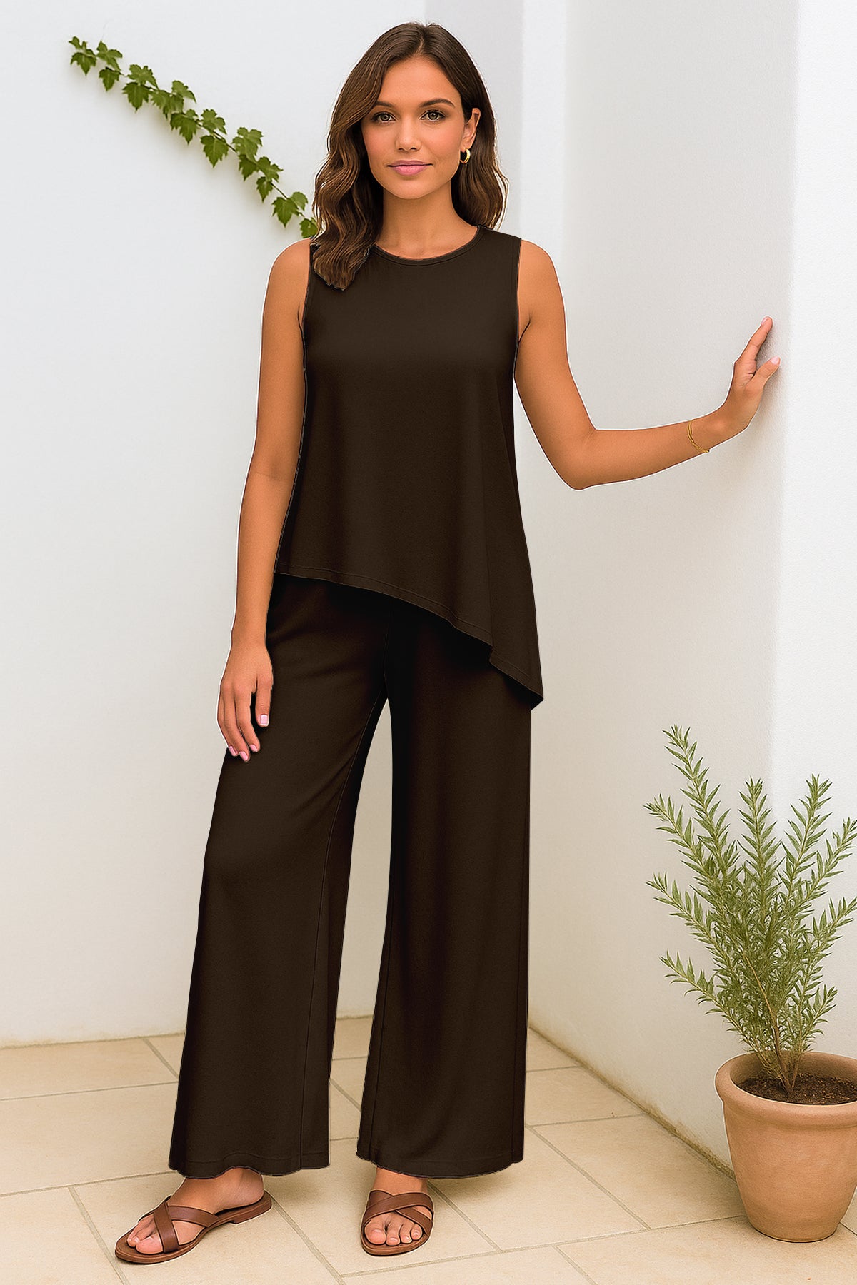 Women's 2 Pcs Tank Top and Wide Leg Summer Pants with Pockets