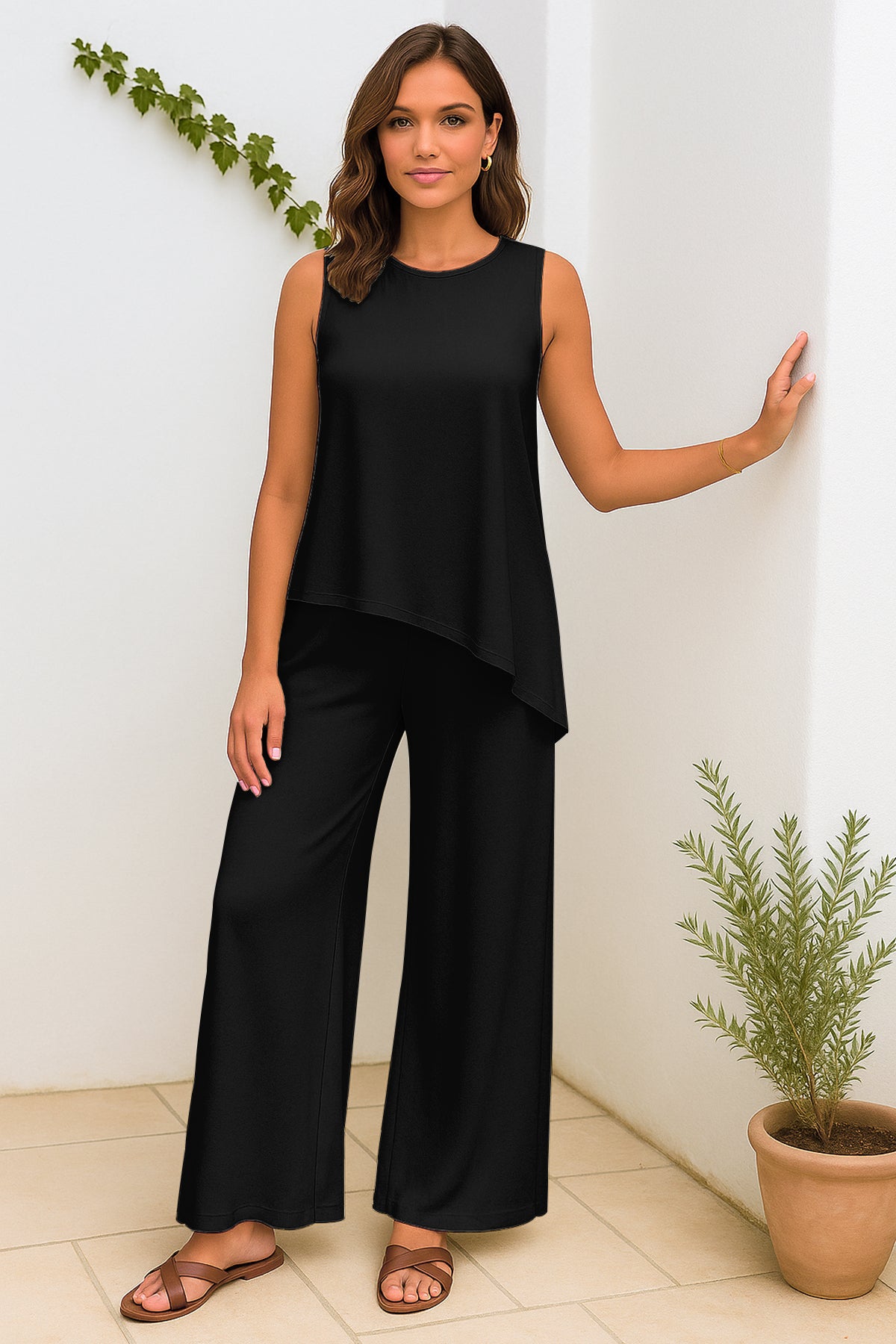 Women's 2 Pcs Tank Top and Wide Leg Summer Pants with Pockets