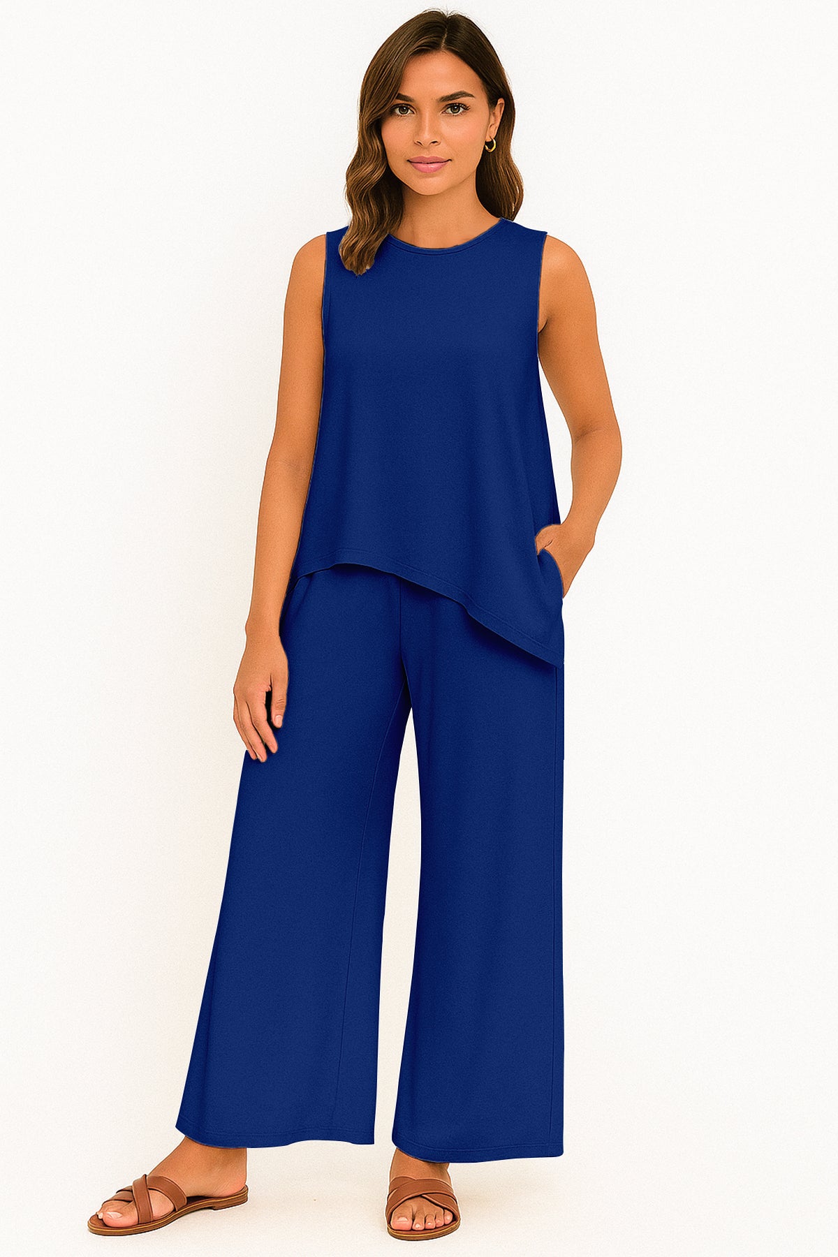 Women's 2 Pcs Tank Top and Wide Leg Summer Pants with Pockets