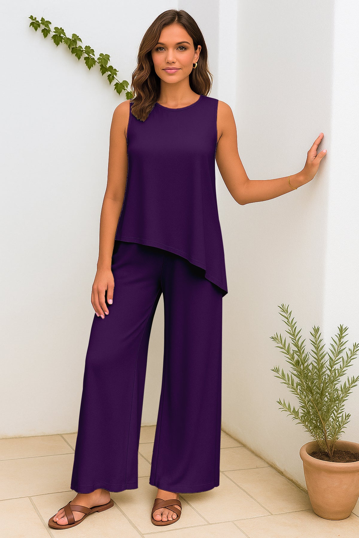 Women's 2 Pcs Tank Top and Wide Leg Summer Pants with Pockets