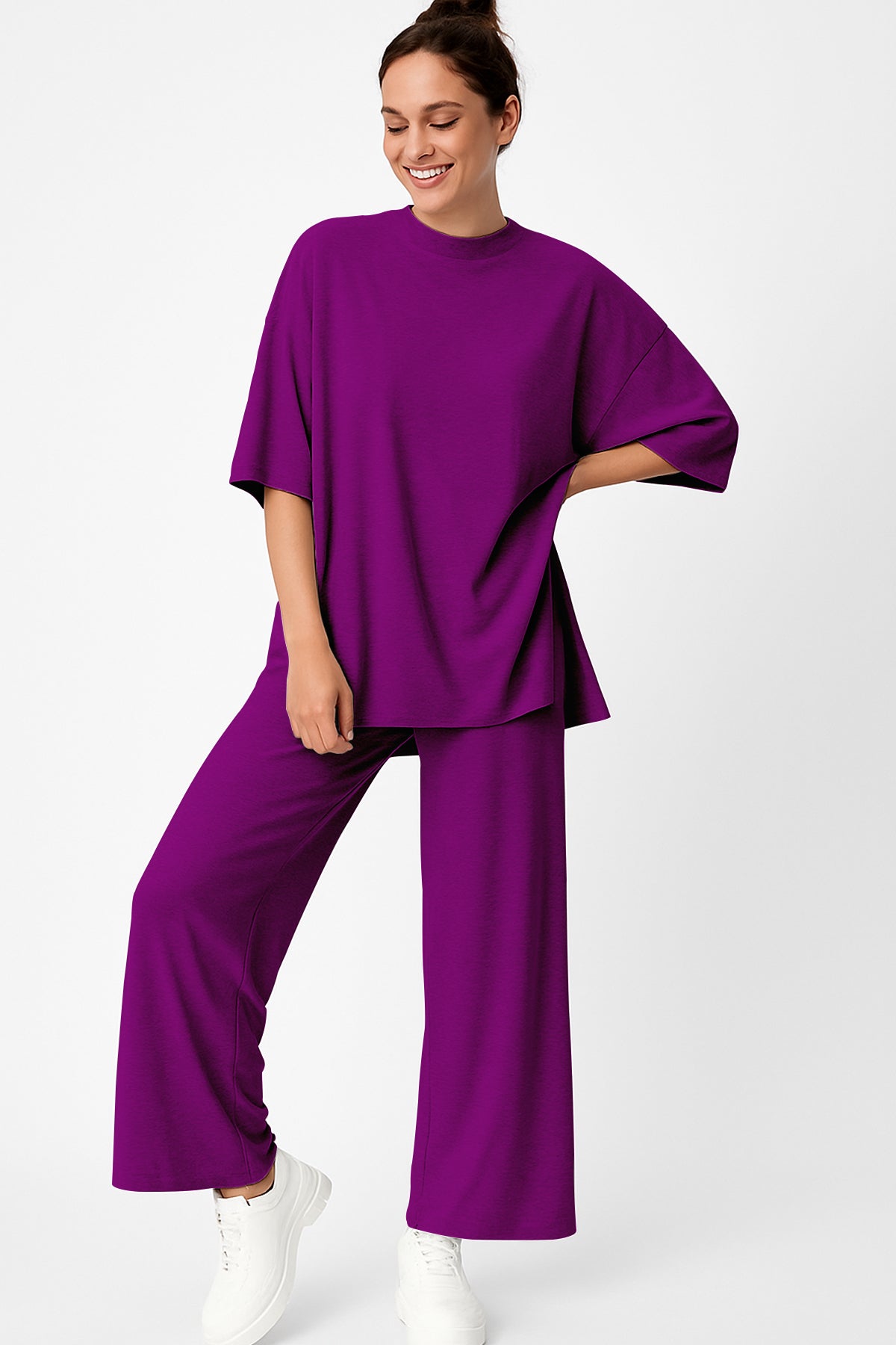 Women's 2 Piece Split Hem Tunic Top and Soft Pants with Pockets