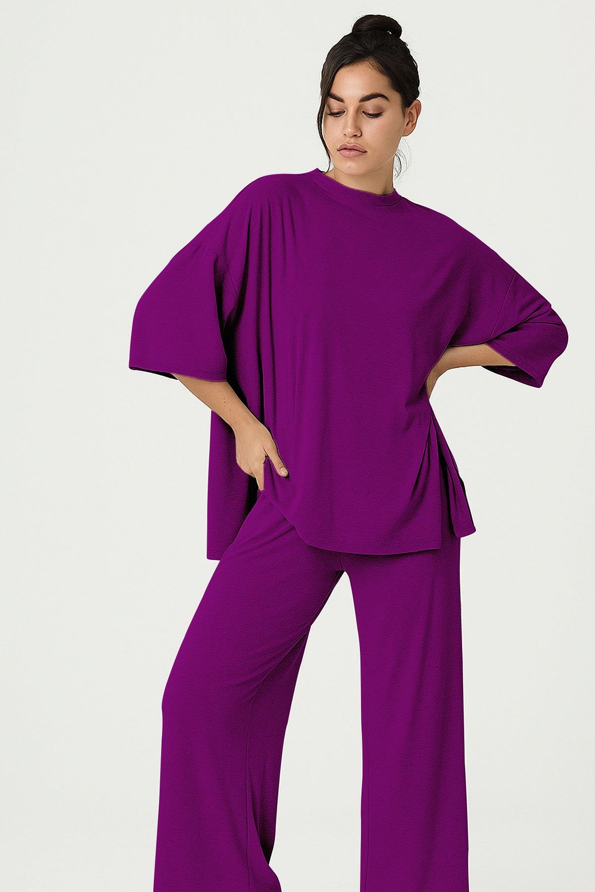 Women's 2 Piece Split Hem Tunic Top and Soft Pants with Pockets