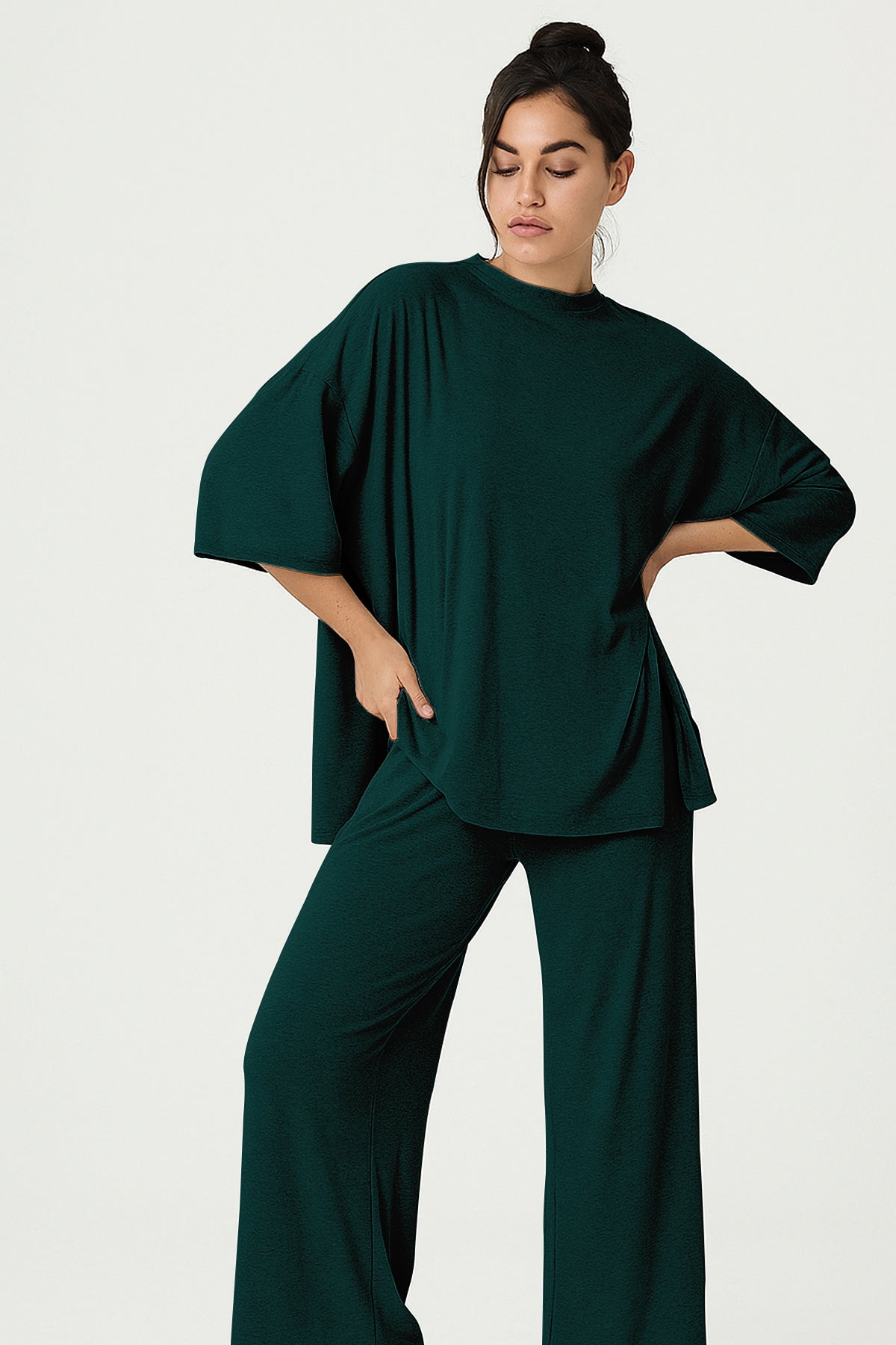 Women's 2 Piece Split Hem Tunic Top and Soft Pants with Pockets