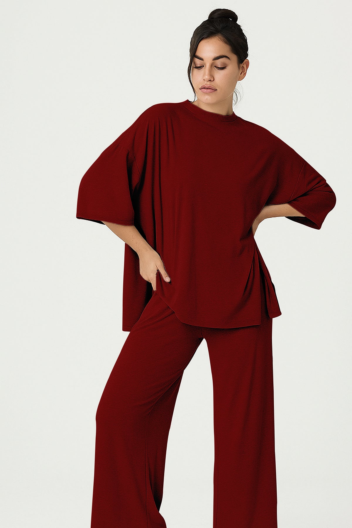 Women's 2 Piece Split Hem Tunic Top and Soft Pants with Pockets