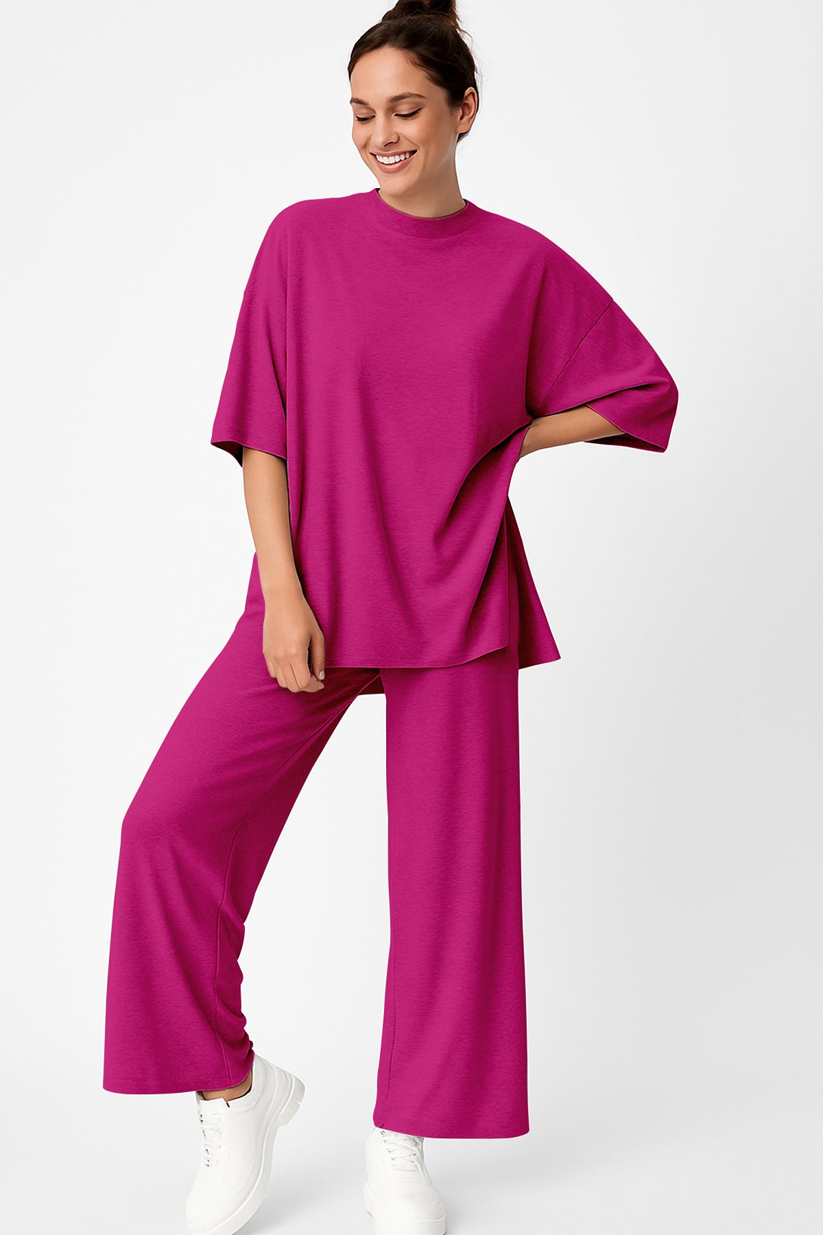 Women's 2 Piece Split Hem Tunic Top and Soft Pants with Pockets