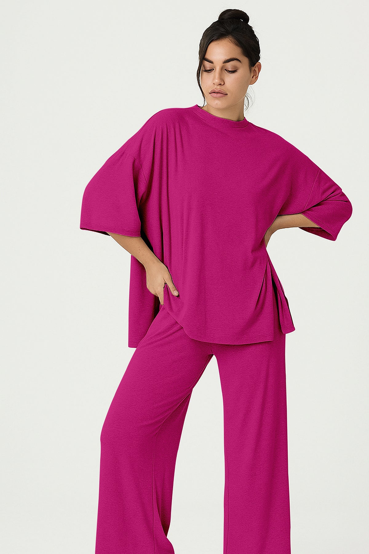 Women's 2 Piece Split Hem Tunic Top and Soft Pants with Pockets