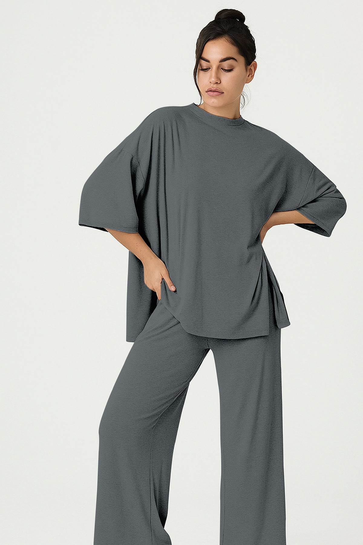 Women's 2 Piece Split Hem Tunic Top and Soft Pants with Pockets
