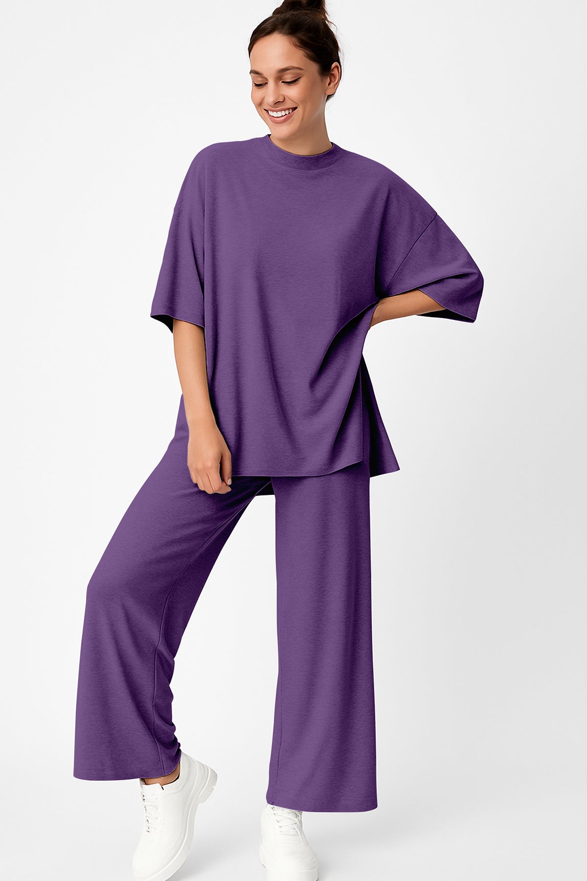 Women's 2 Piece Split Hem Tunic Top and Soft Pants with Pockets