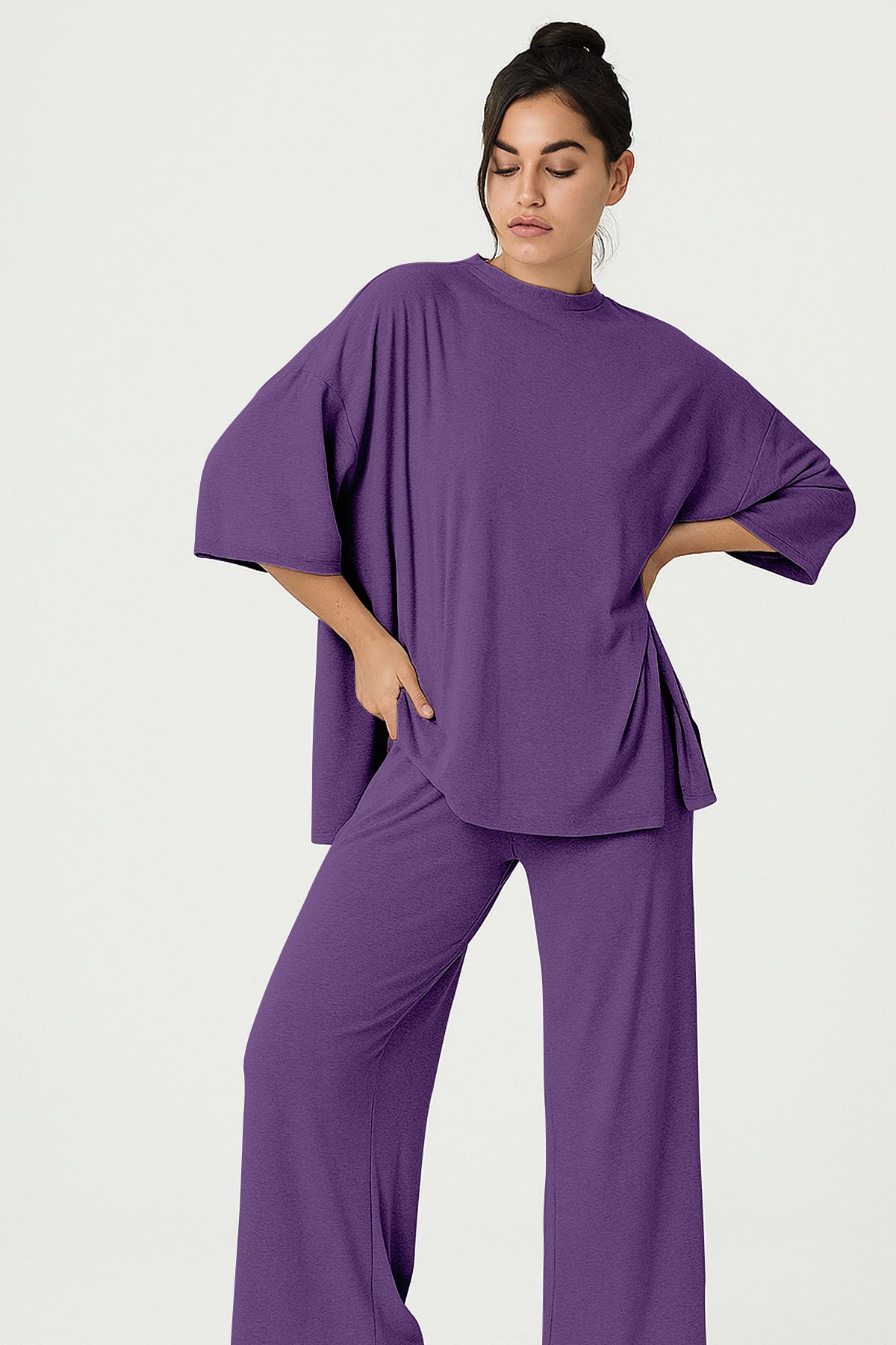 Women's 2 Piece Split Hem Tunic Top and Soft Pants with Pockets