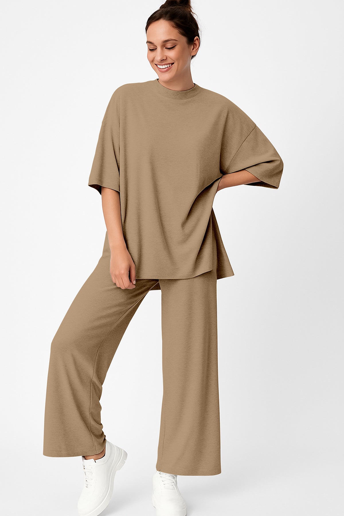 Women's 2 Piece Split Hem Tunic Top and Soft Pants with Pockets