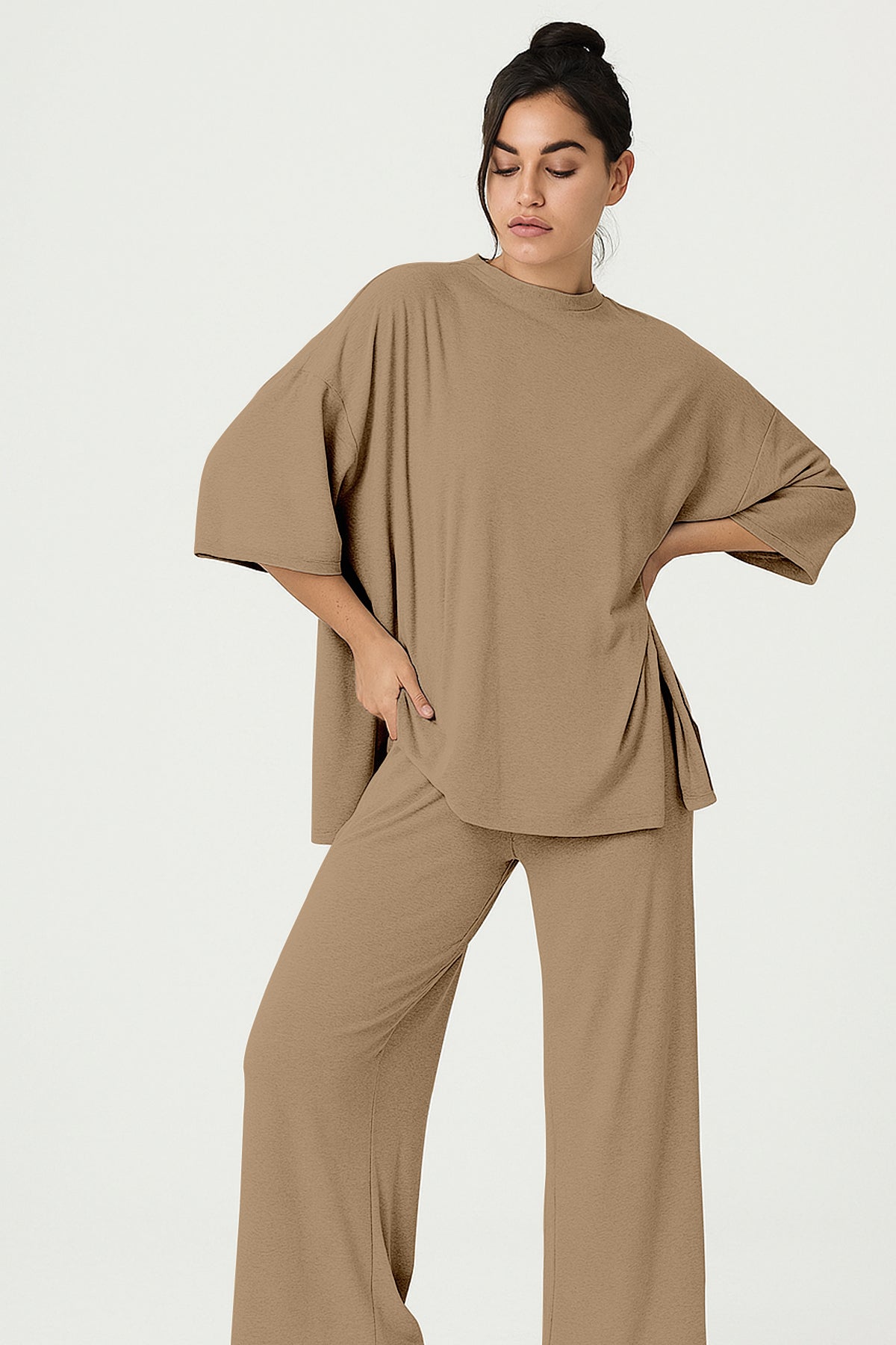 Women's 2 Piece Split Hem Tunic Top and Soft Pants with Pockets