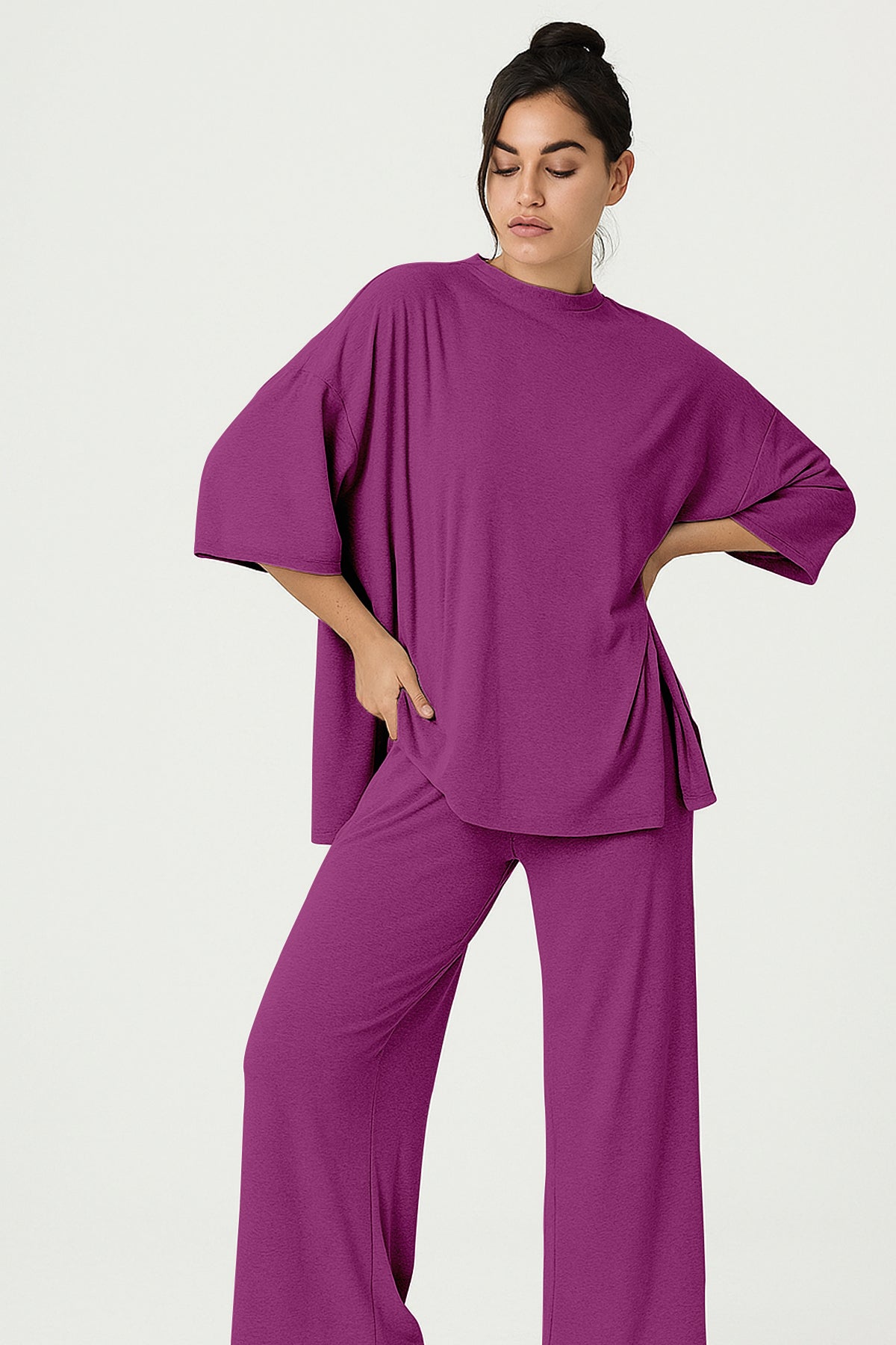 Women's 2 Piece Split Hem Tunic Top and Soft Pants with Pockets