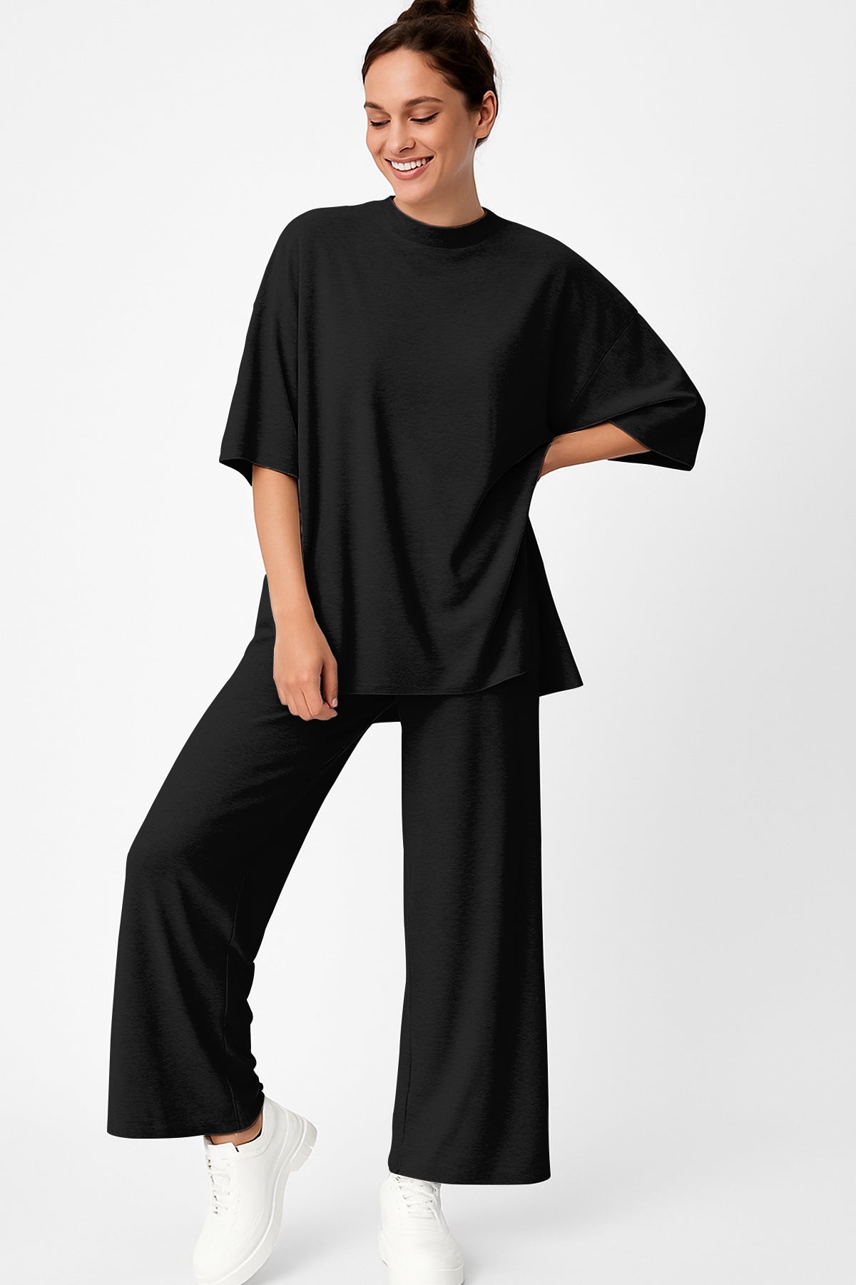 Women's 2 Piece Split Hem Tunic Top and Soft Pants with Pockets