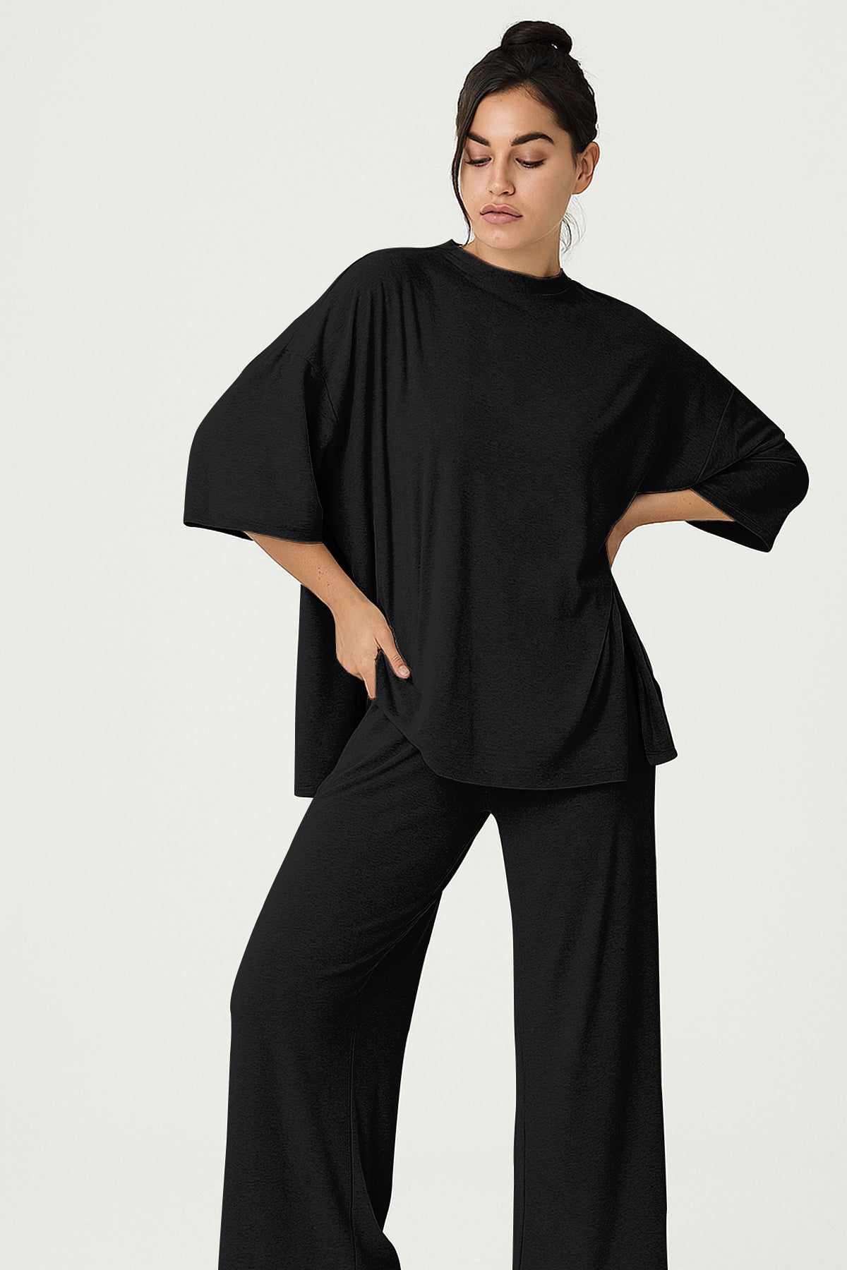 Women's 2 Piece Split Hem Tunic Top and Soft Pants with Pockets