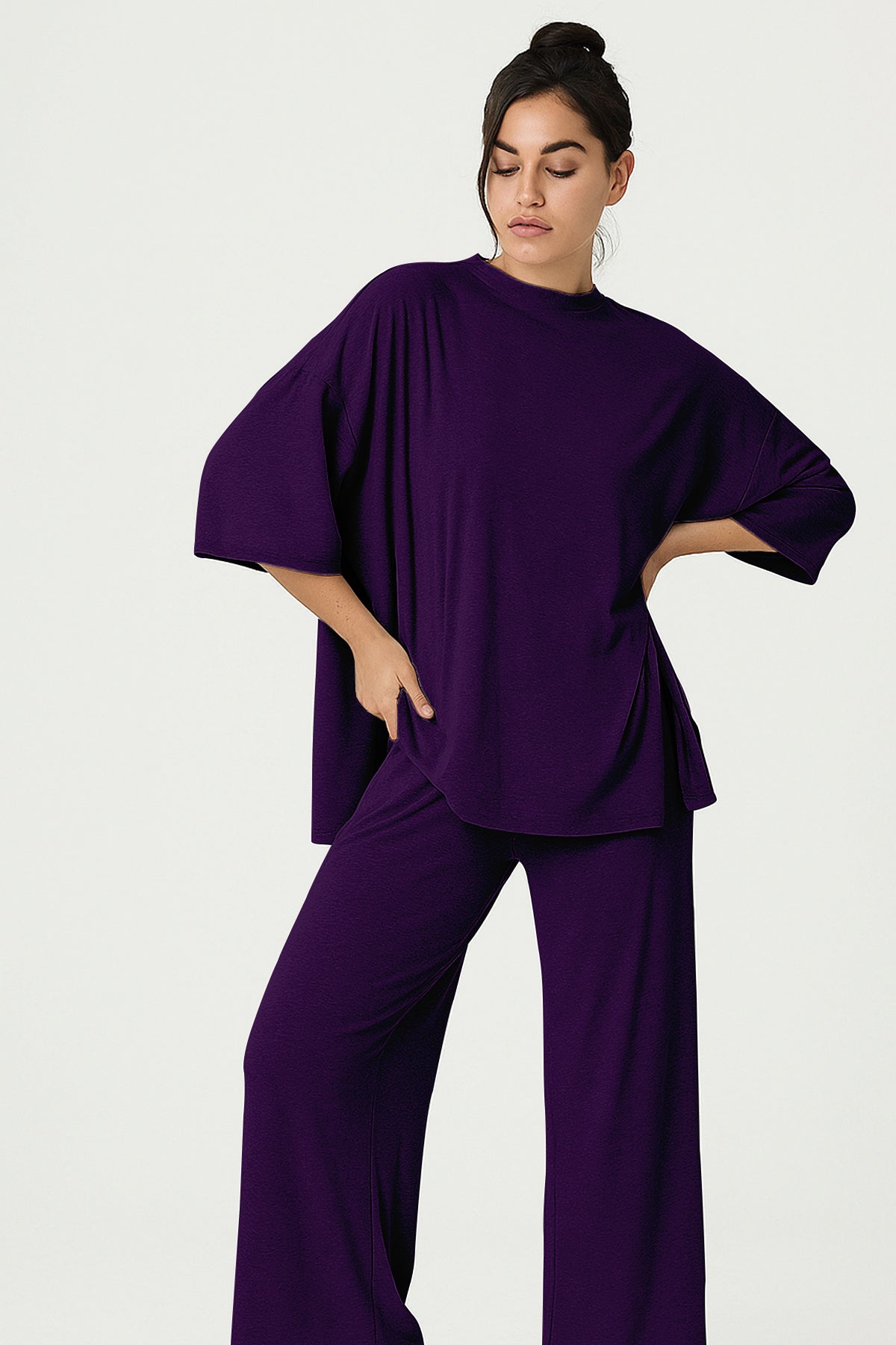 Women's 2 Piece Split Hem Tunic Top and Soft Pants with Pockets
