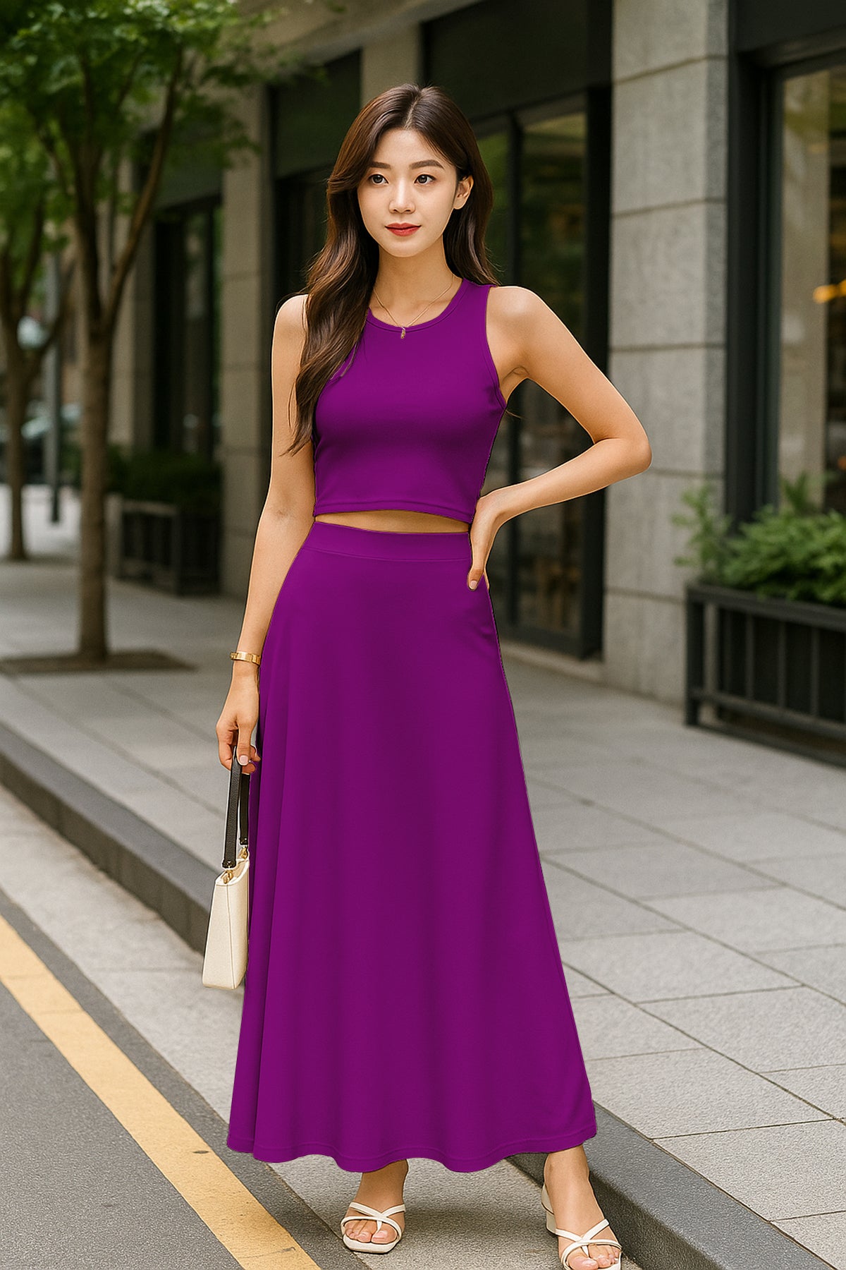 Women's 2 Pcs Sleeveless Crop Top and High Waisted Flared Maxi Skirt