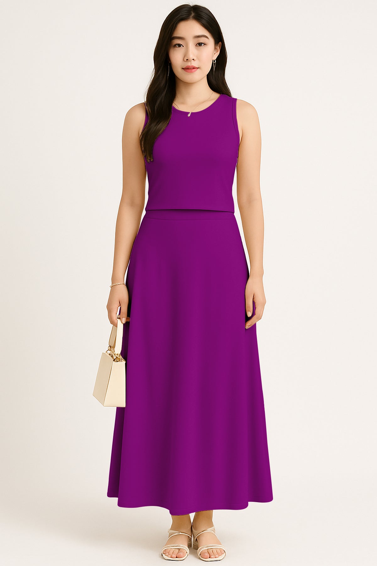 Women's 2 Pcs Sleeveless Crop Top and High Waisted Flared Maxi Skirt