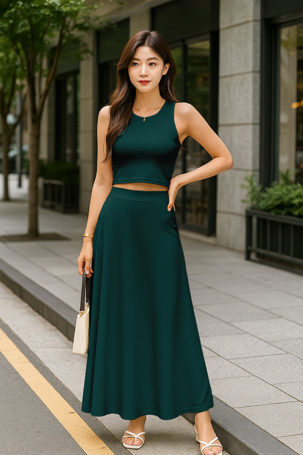 Women's 2 Pcs Sleeveless Crop Top and High Waisted Flared Maxi Skirt