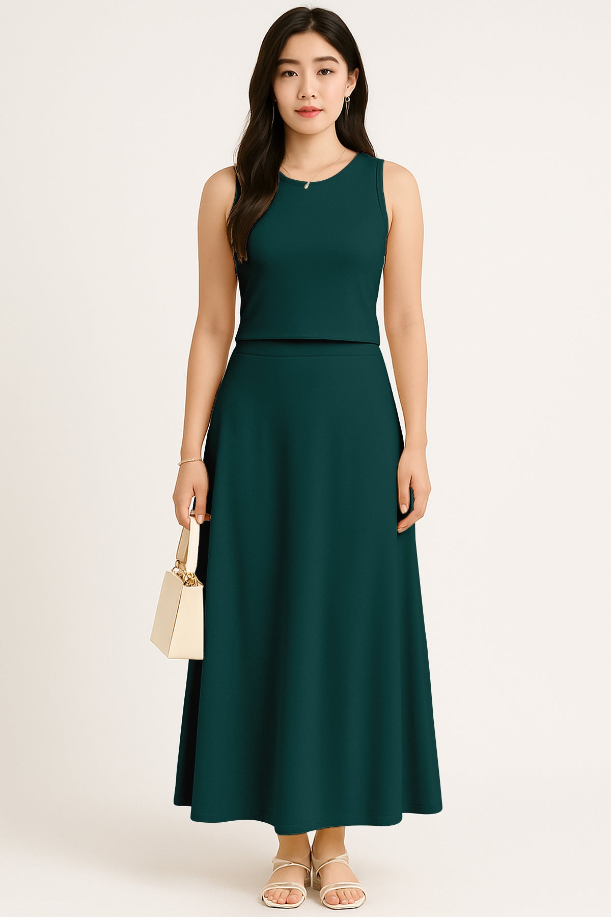 Women's 2 Pcs Sleeveless Crop Top and High Waisted Flared Maxi Skirt