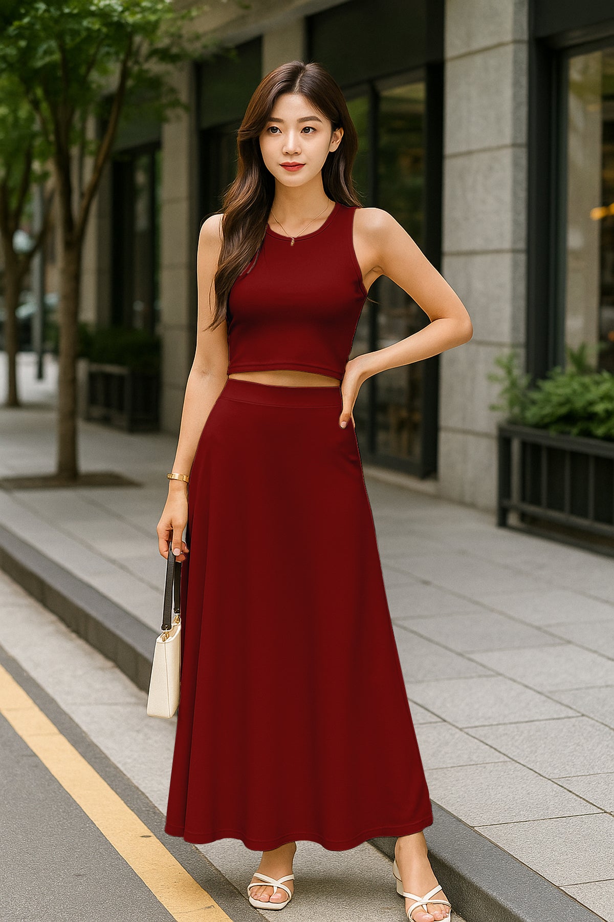 Women's 2 Pcs Sleeveless Crop Top and High Waisted Flared Maxi Skirt